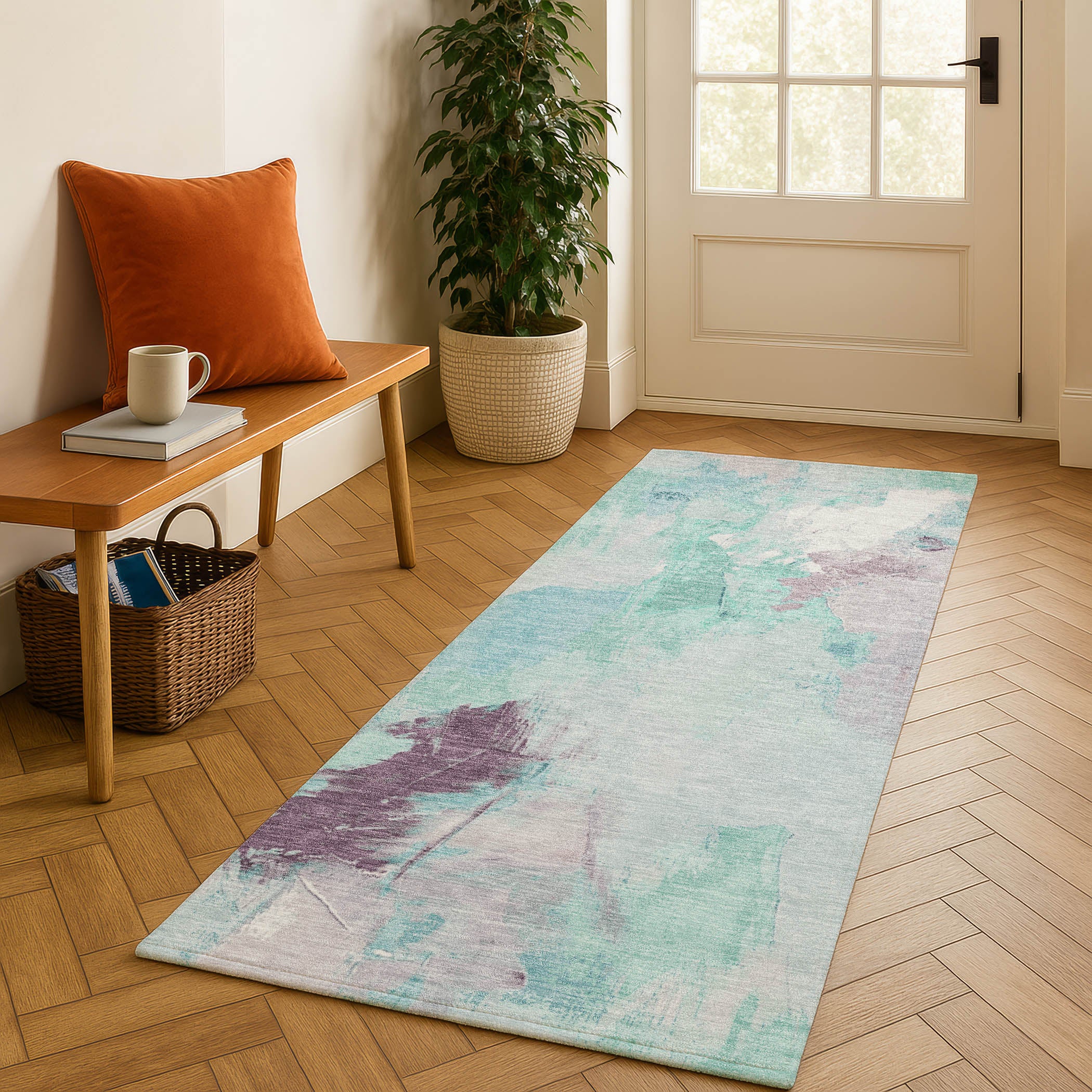 Reykjavik Machine Washable Transitional Teal Rug 2'3" x 7'6" #shape_Runner