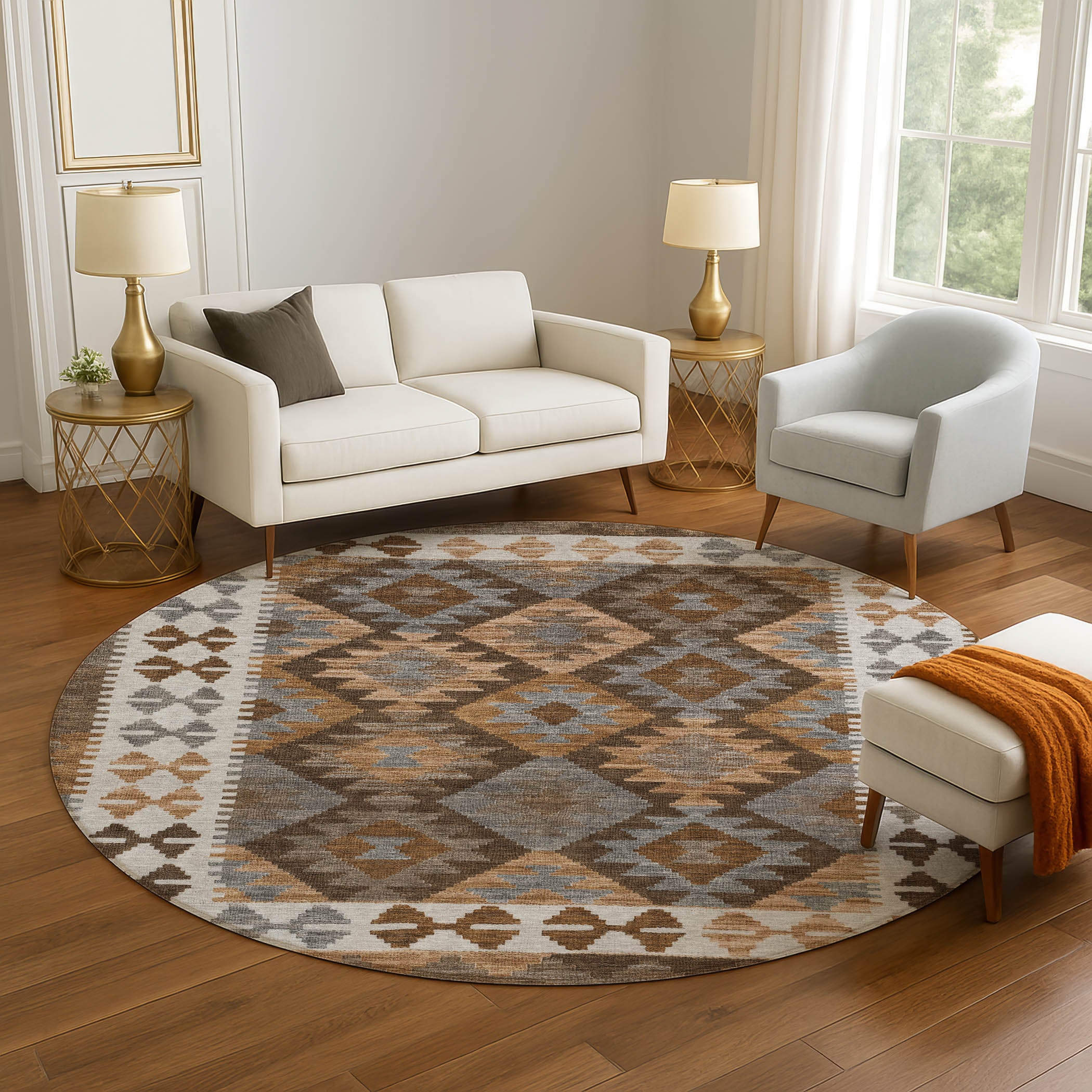 Chiang Mai Machine Washable Transitional Copper Orange Rug 8' x 8' #shape_Round