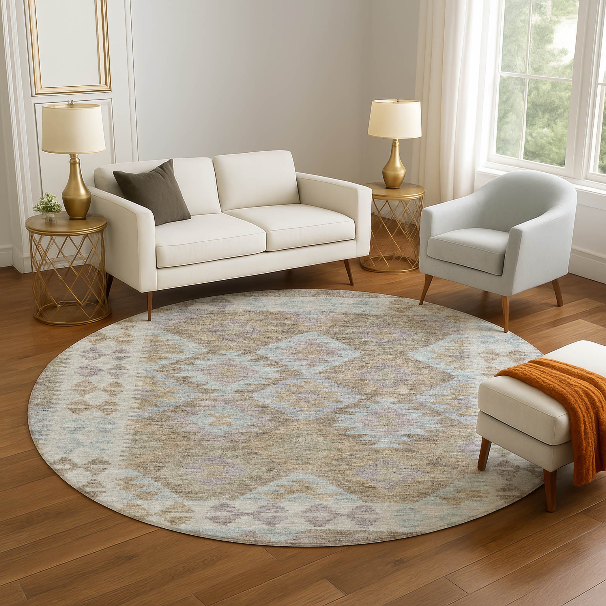 Chiang Mai Machine Washable Transitional Khaki Brown Rug 8' x 8' #shape_Round