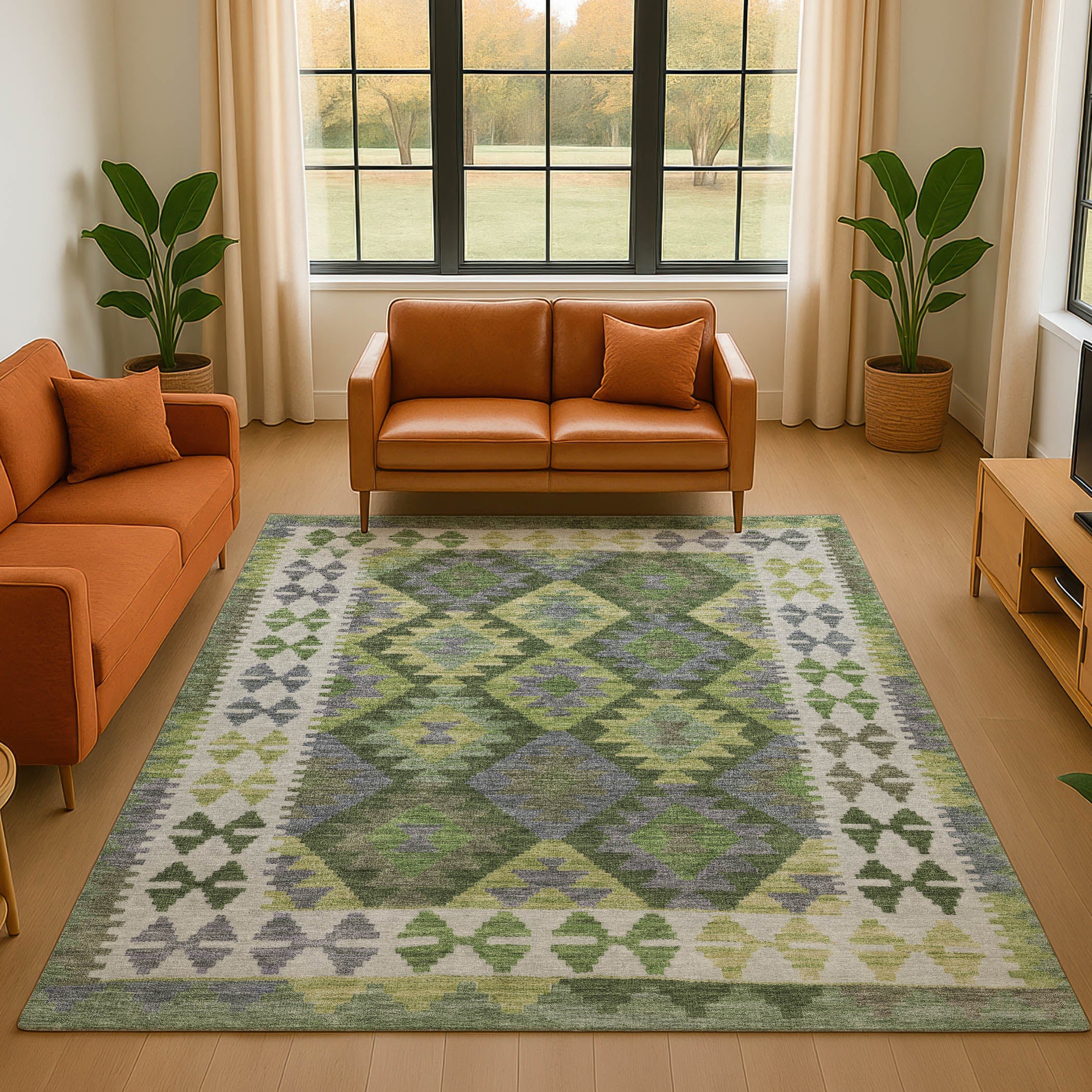 Chiang Mai Machine Washable Transitional Olive Green Rug 2'6" x 3'10" #shape_Rectangle