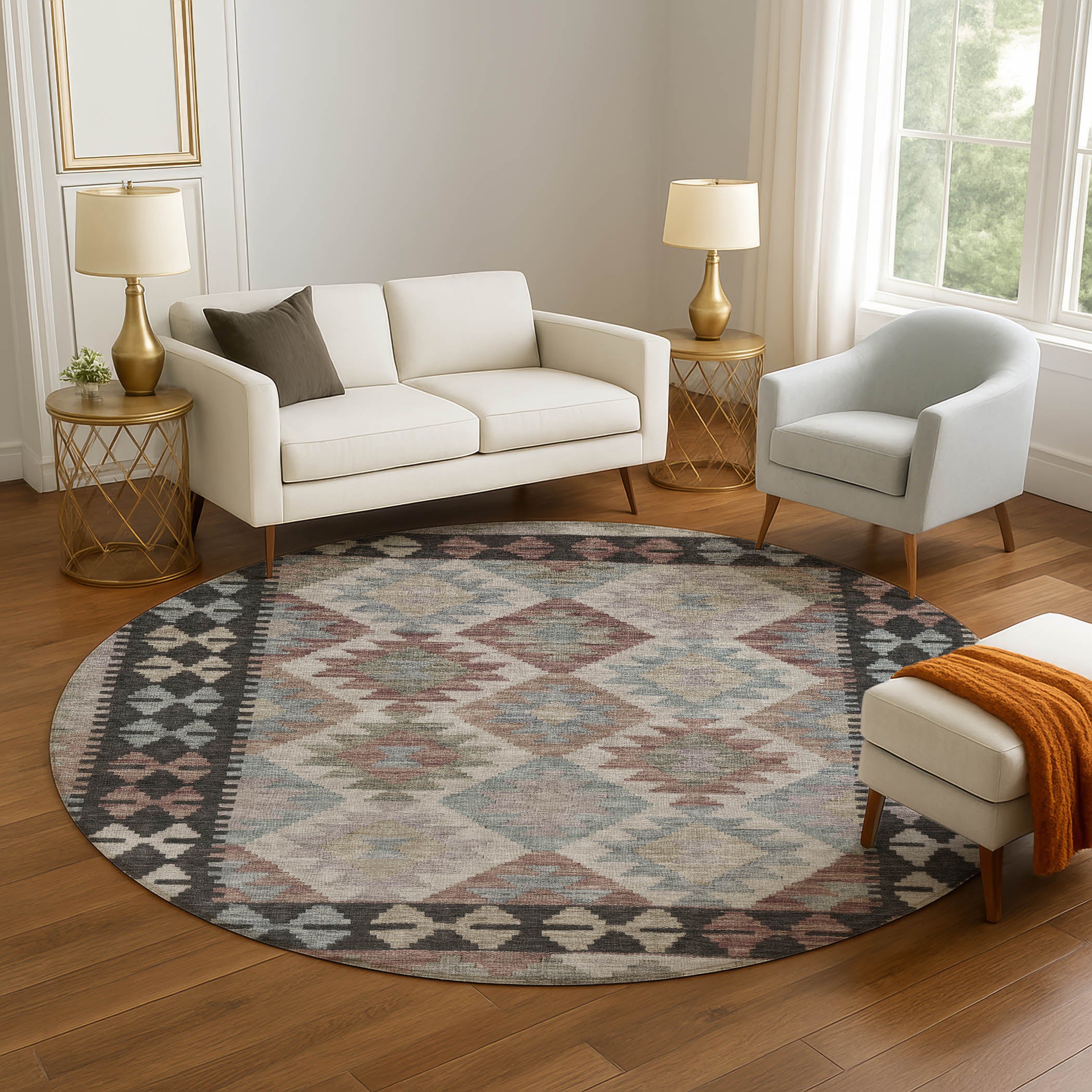 Chiang Mai Machine Washable Transitional Taupe Brown Rug 8' x 8' #shape_Round