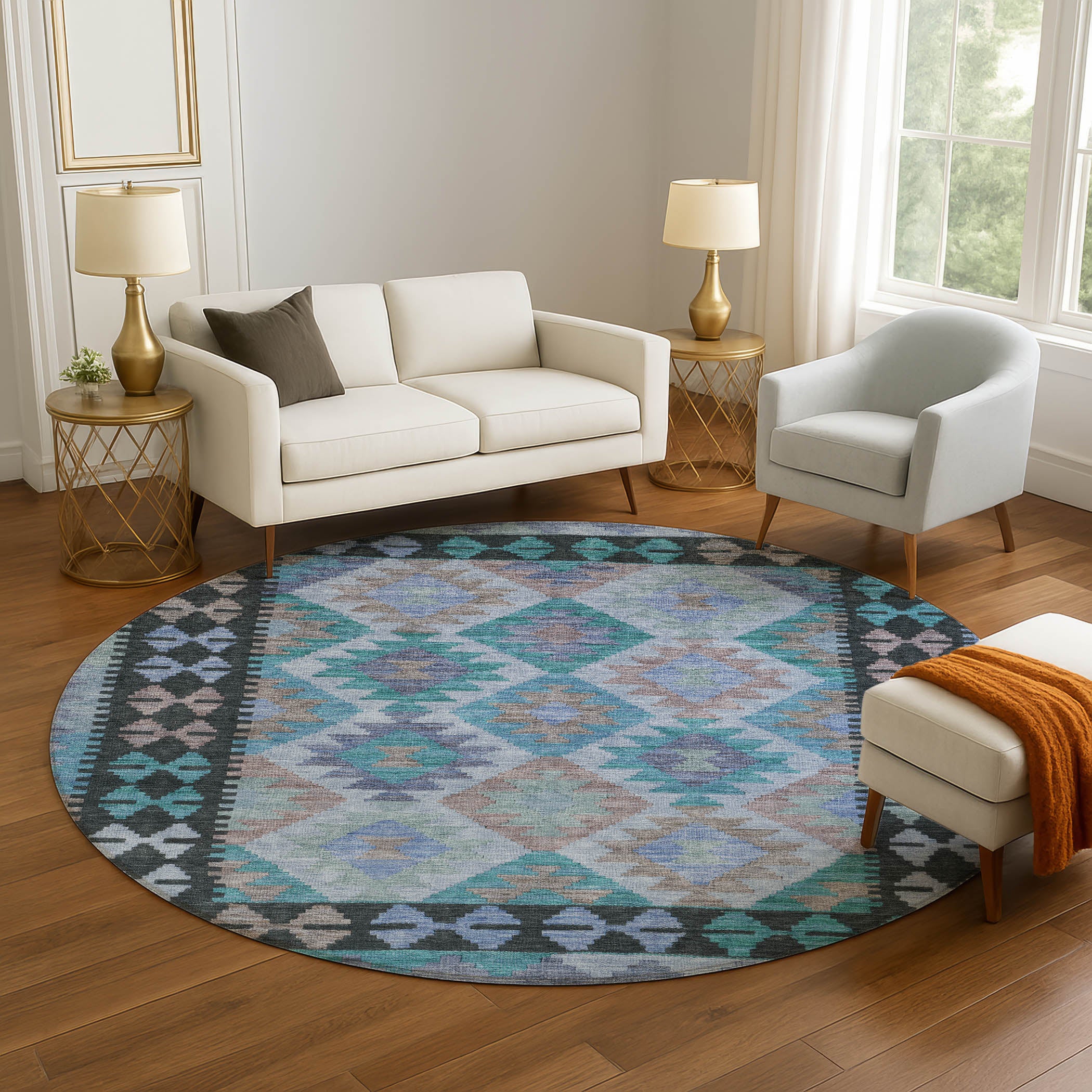 Chiang Mai Machine Washable Transitional Teal Rug 8' x 8' #shape_Round
