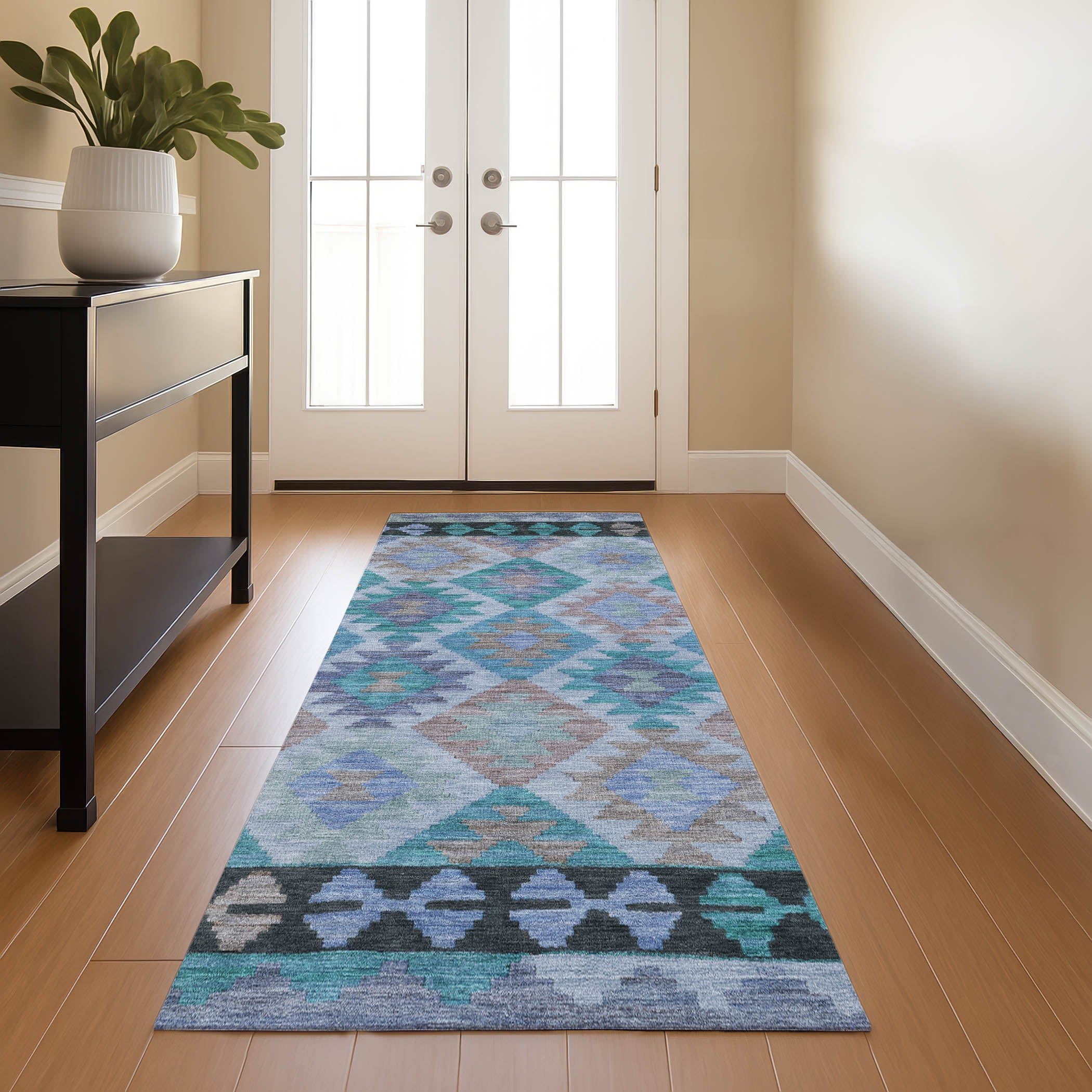 Chiang Mai Machine Washable Transitional Teal Rug 2'3" x 7'6" #shape_Runner