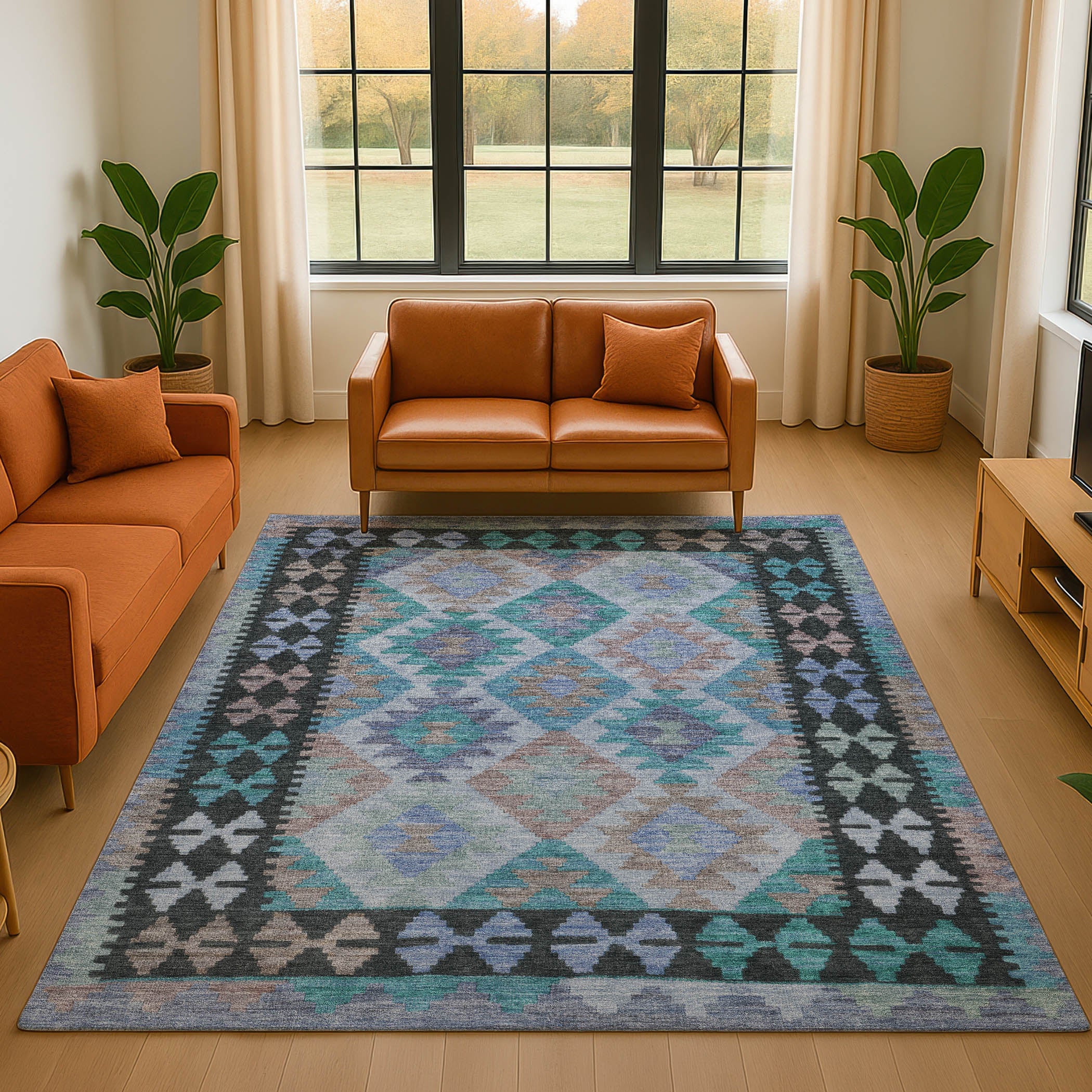 Chiang Mai Machine Washable Transitional Teal Rug 2'6" x 3'10" #shape_Rectangle