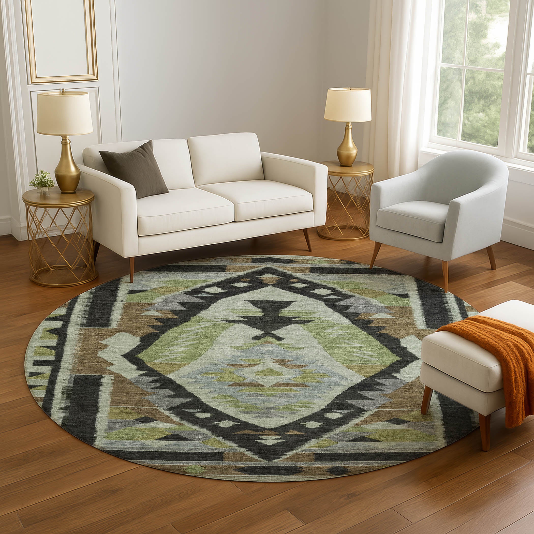 Queenstown Machine Washable Transitional Brown Rug 8' x 8' #shape_Round
