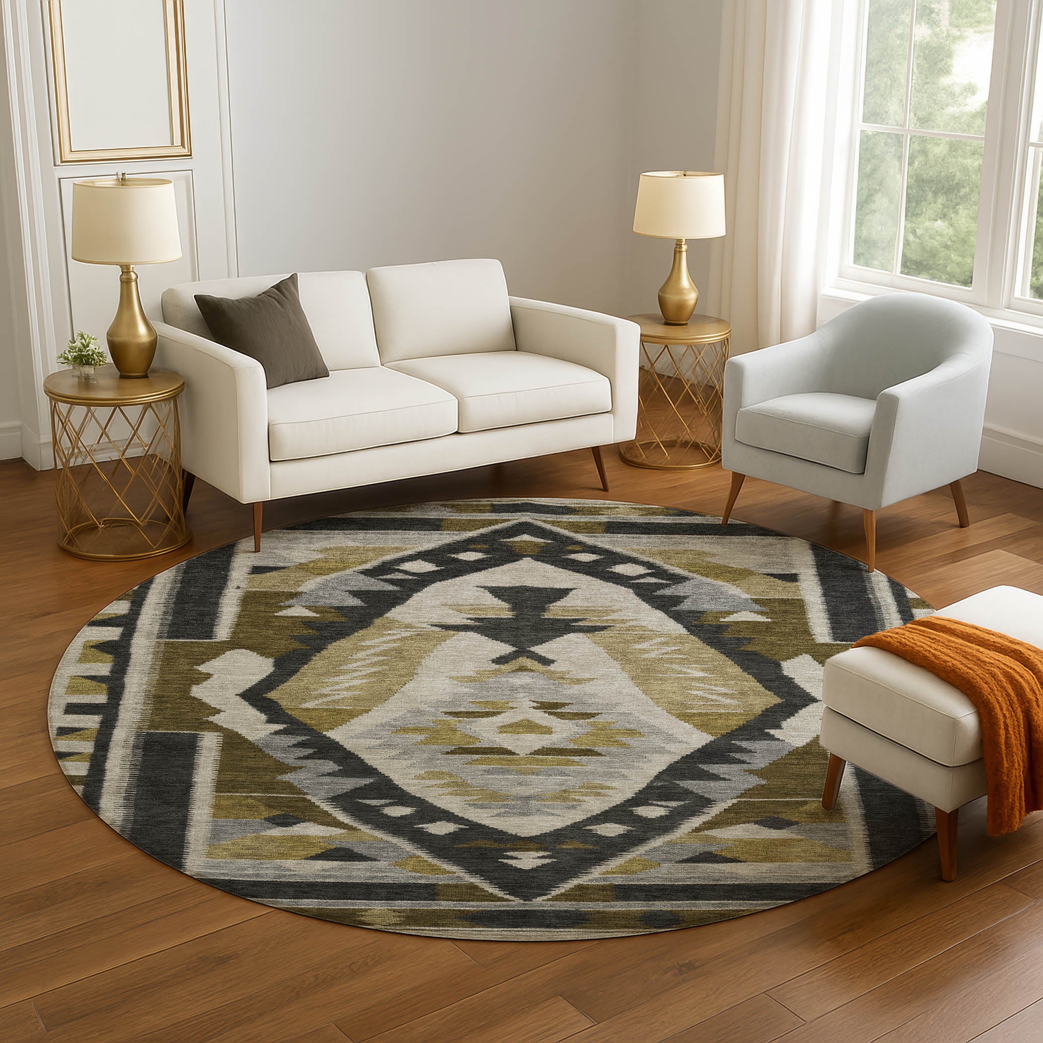 Queenstown Machine Washable Transitional Chocolate Brown Rug 8' x 8' #shape_Round
