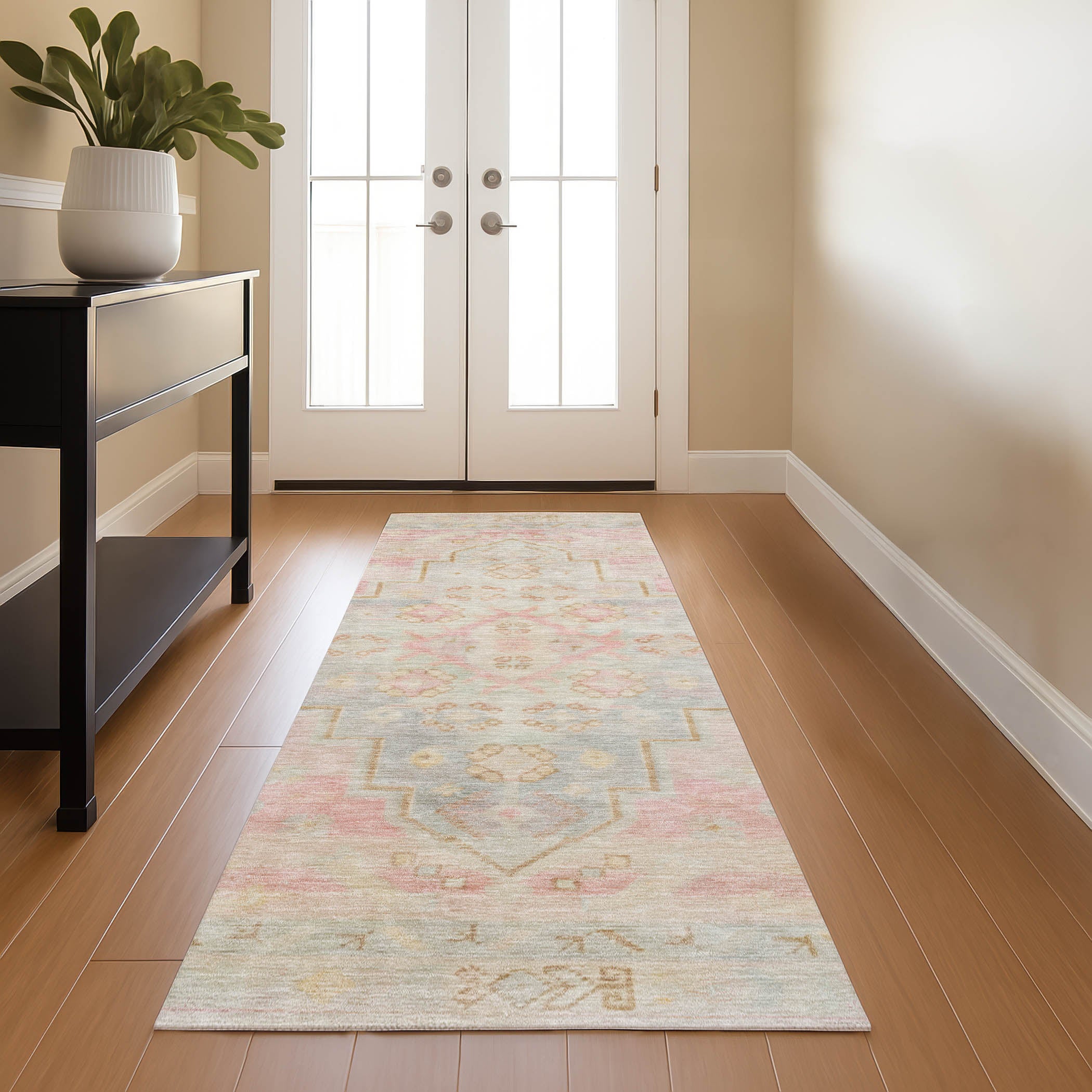 Zanzibar Machine Washable Transitional Pink Rug 2'3" x 7'6" #shape_Runner