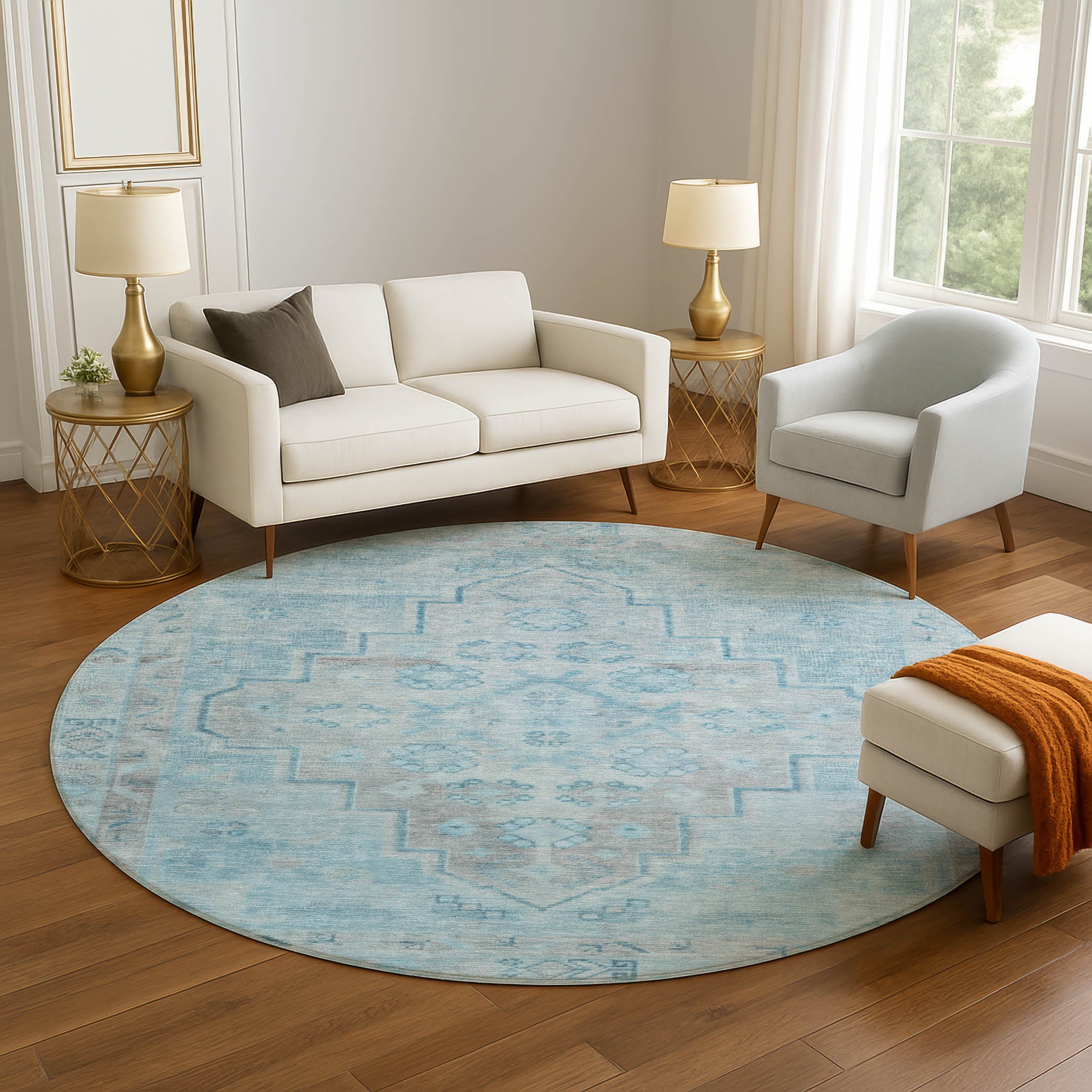 Zanzibar Machine Washable Transitional Sky Blue Rug 8' x 8' #shape_Round