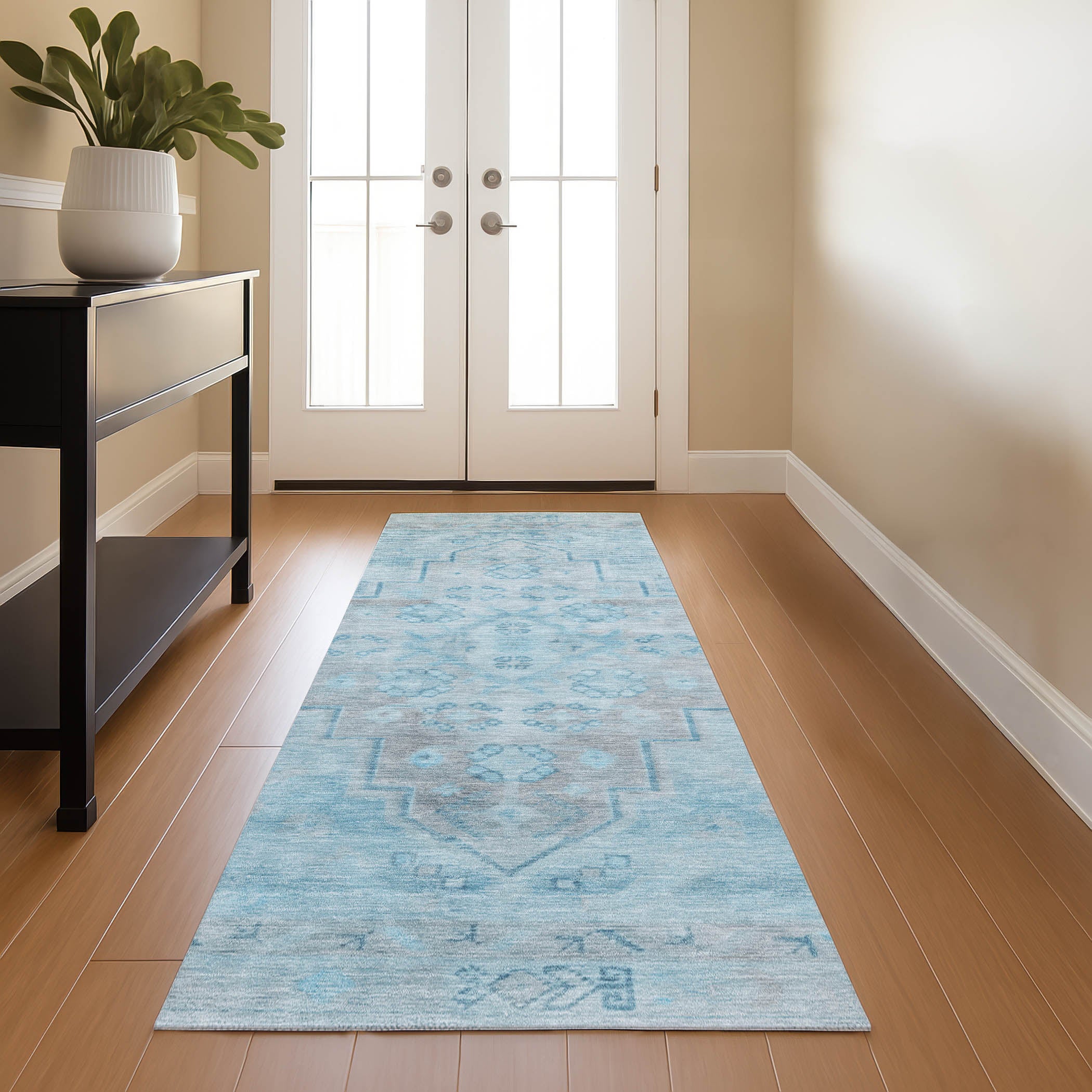 Zanzibar Machine Washable Transitional Sky Blue Rug 2'3" x 7'6" #shape_Runner