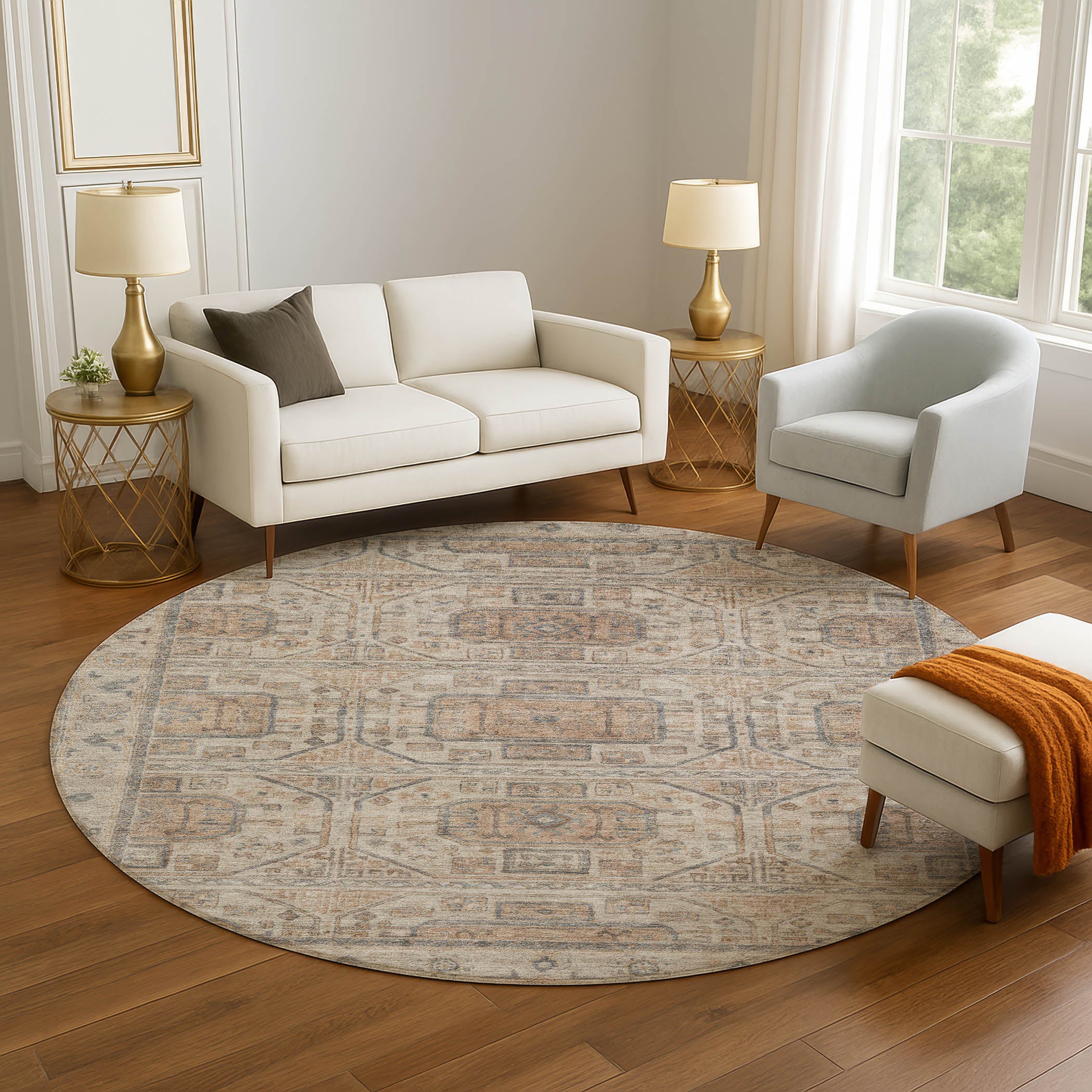 Lima Machine Washable Transitional Beige Brown Rug 8' x 8' #shape_Round