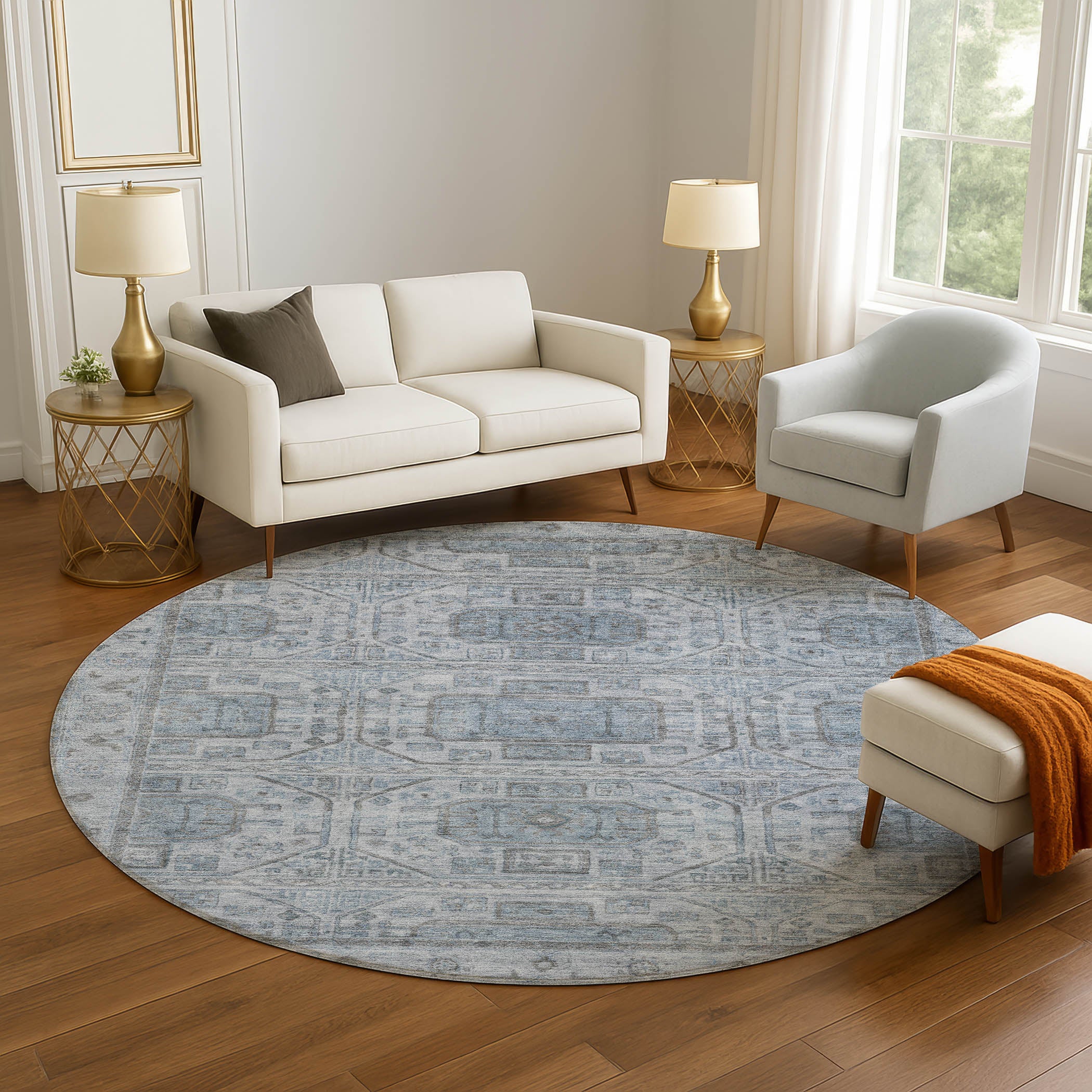 Lima Machine Washable Transitional Blue Rug 8' x 8' #shape_Round
