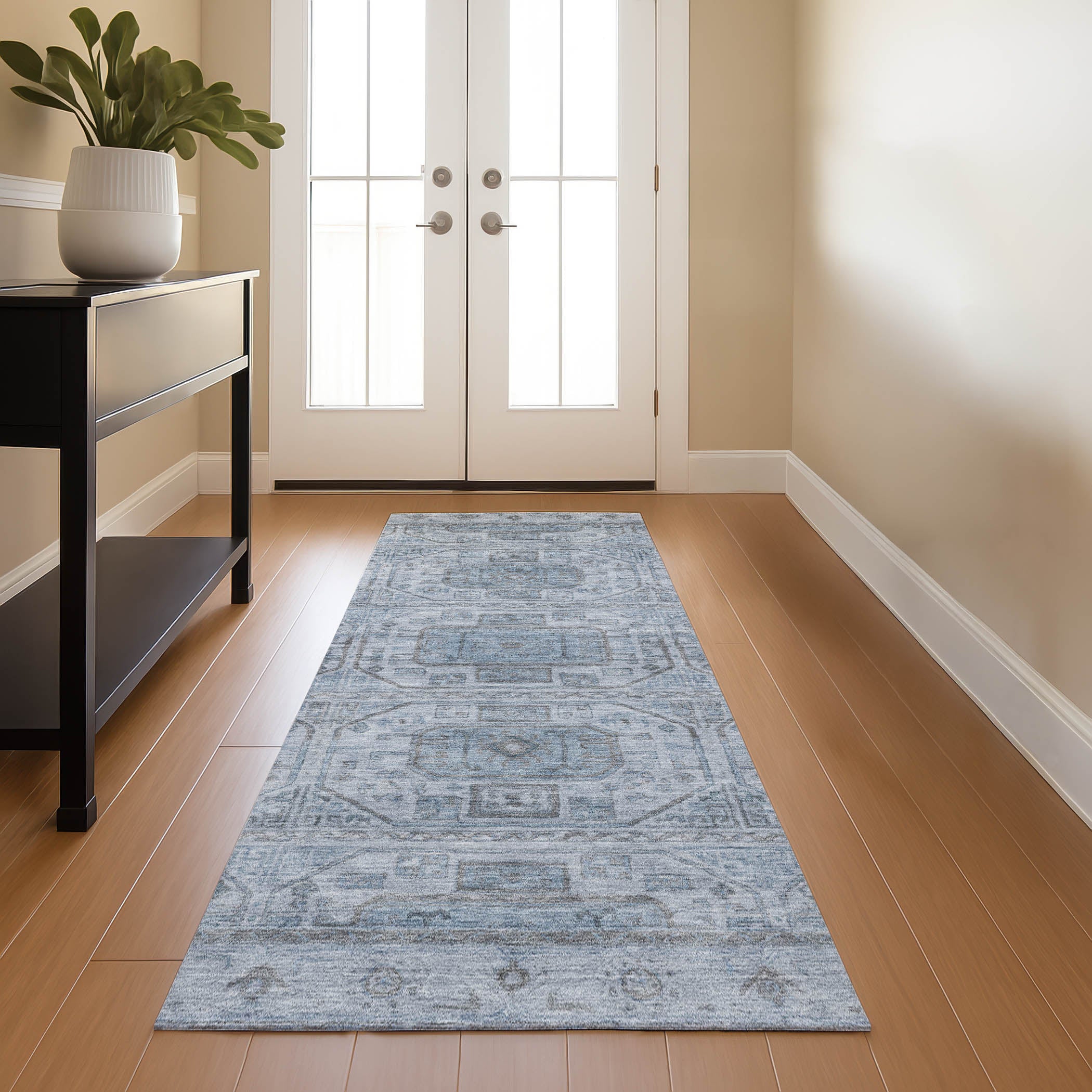 Lima Machine Washable Transitional Blue Rug 2'3" x 7'6" #shape_Runner