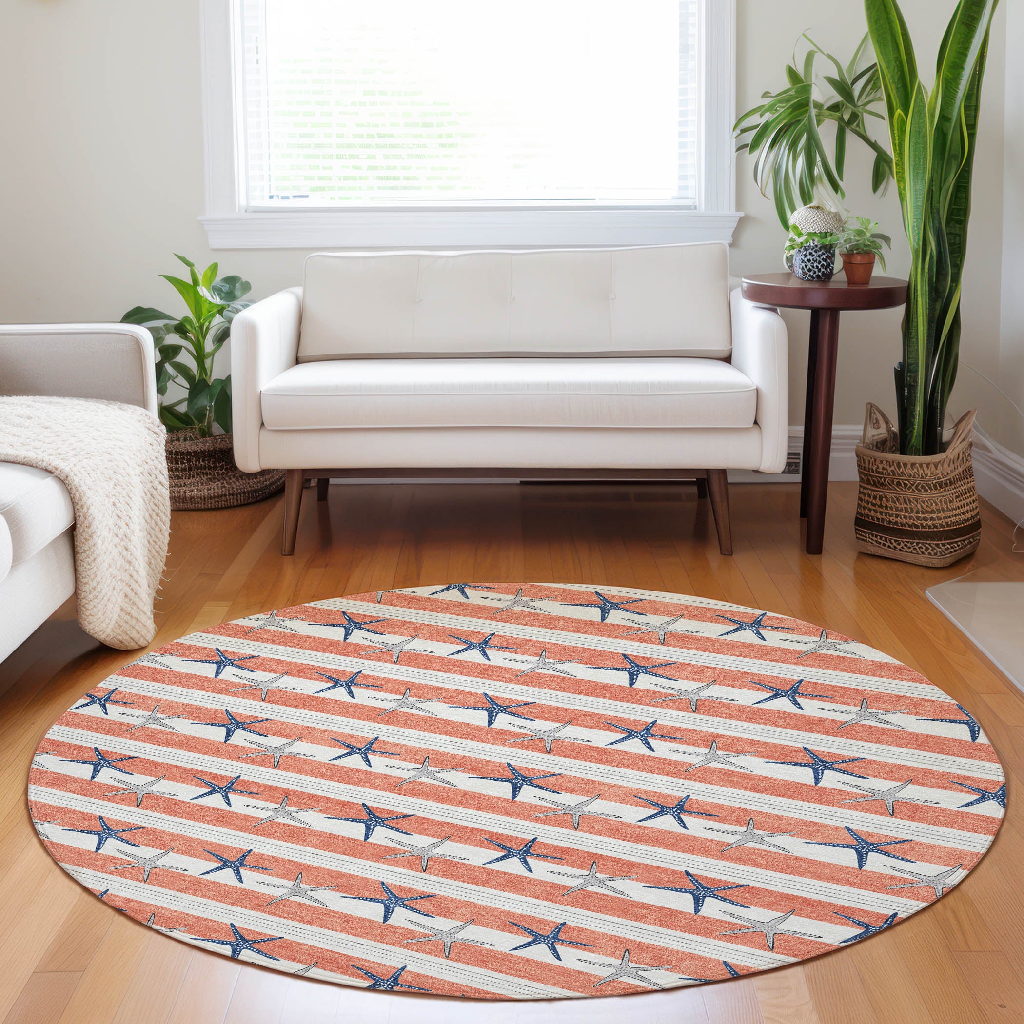 Oslo Machine Washable Coastal Coral Orange Rug 8' x 8' #shape_Round