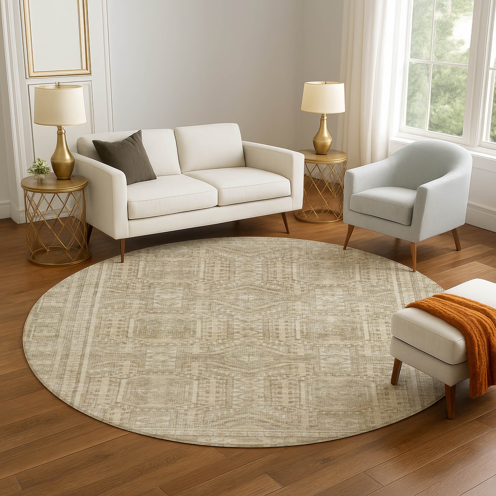 Porto Machine Washable Transitional Beige Brown Rug 8' x 8' #shape_Round