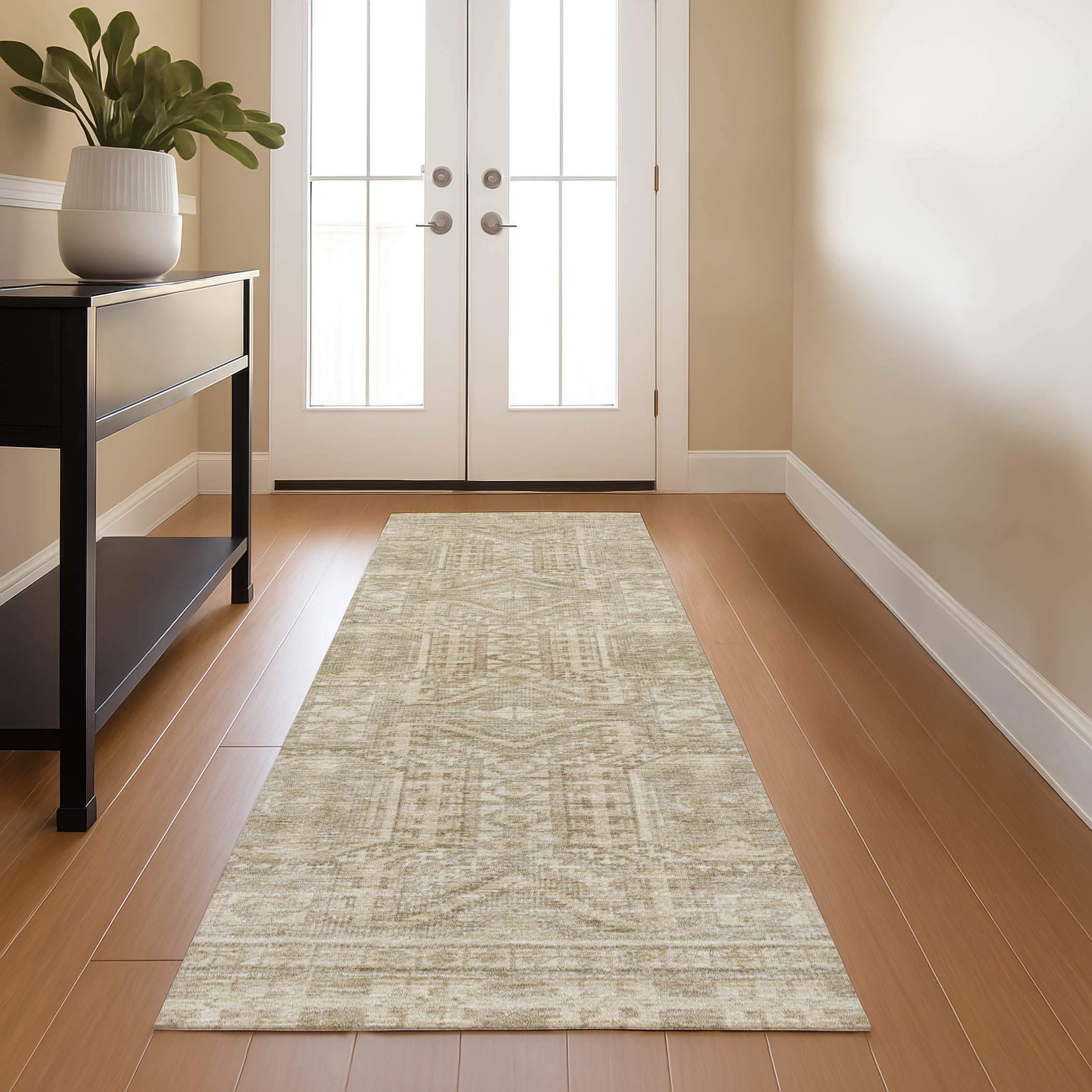 Porto Machine Washable Transitional Beige Brown Rug 2'3" x 7'6" #shape_Runner