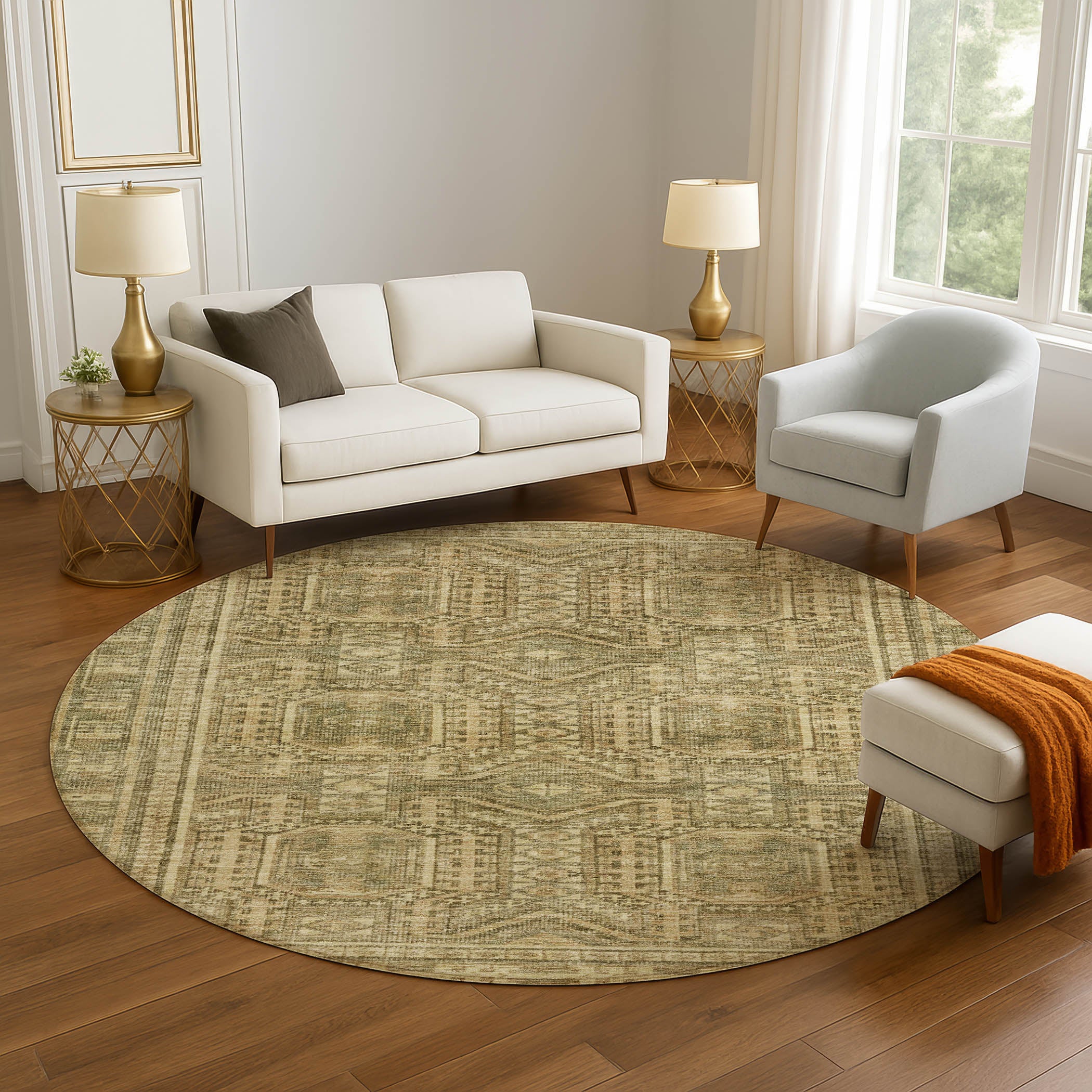 Porto Machine Washable Transitional Khaki Brown Rug 8' x 8' #shape_Round