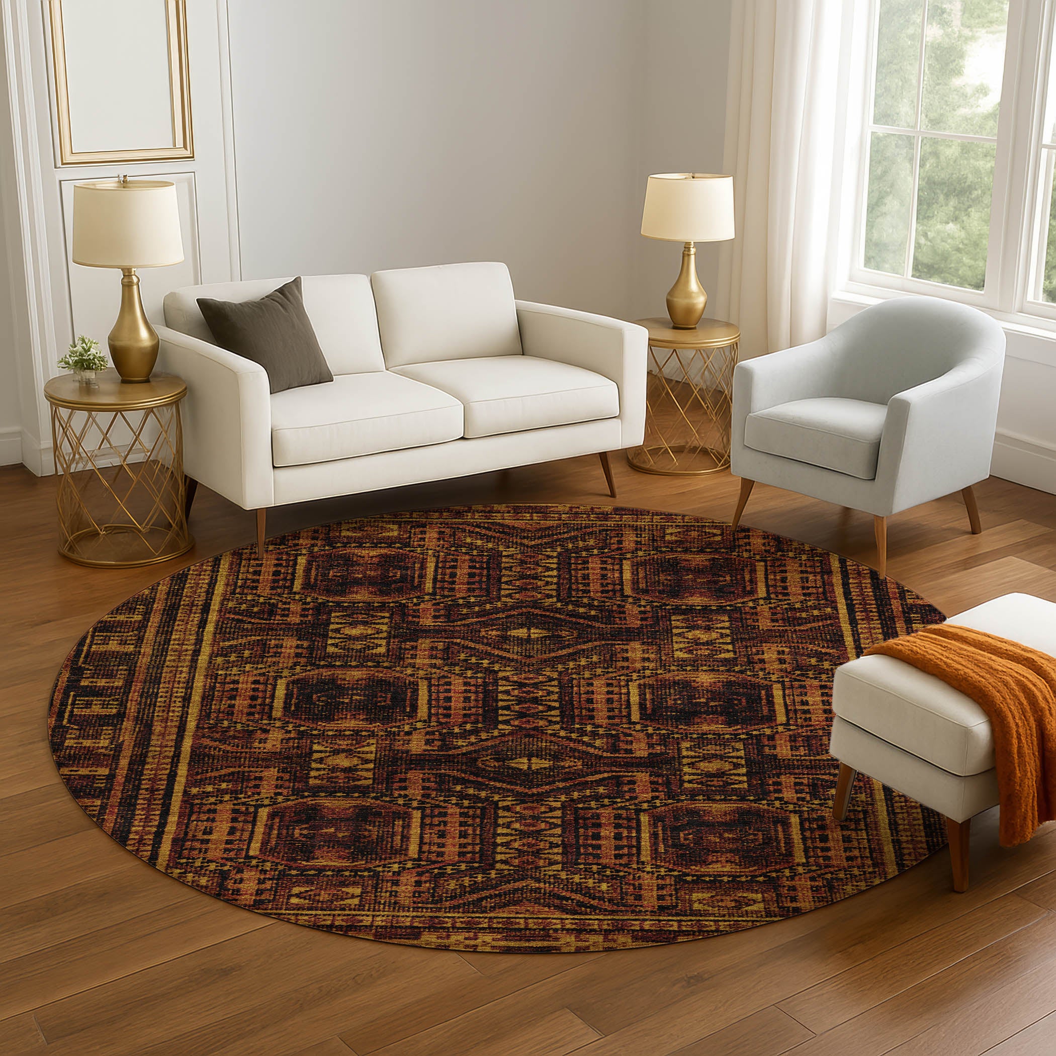 Porto Machine Washable Transitional Paprika Orange Rug 8' x 8' #shape_Round