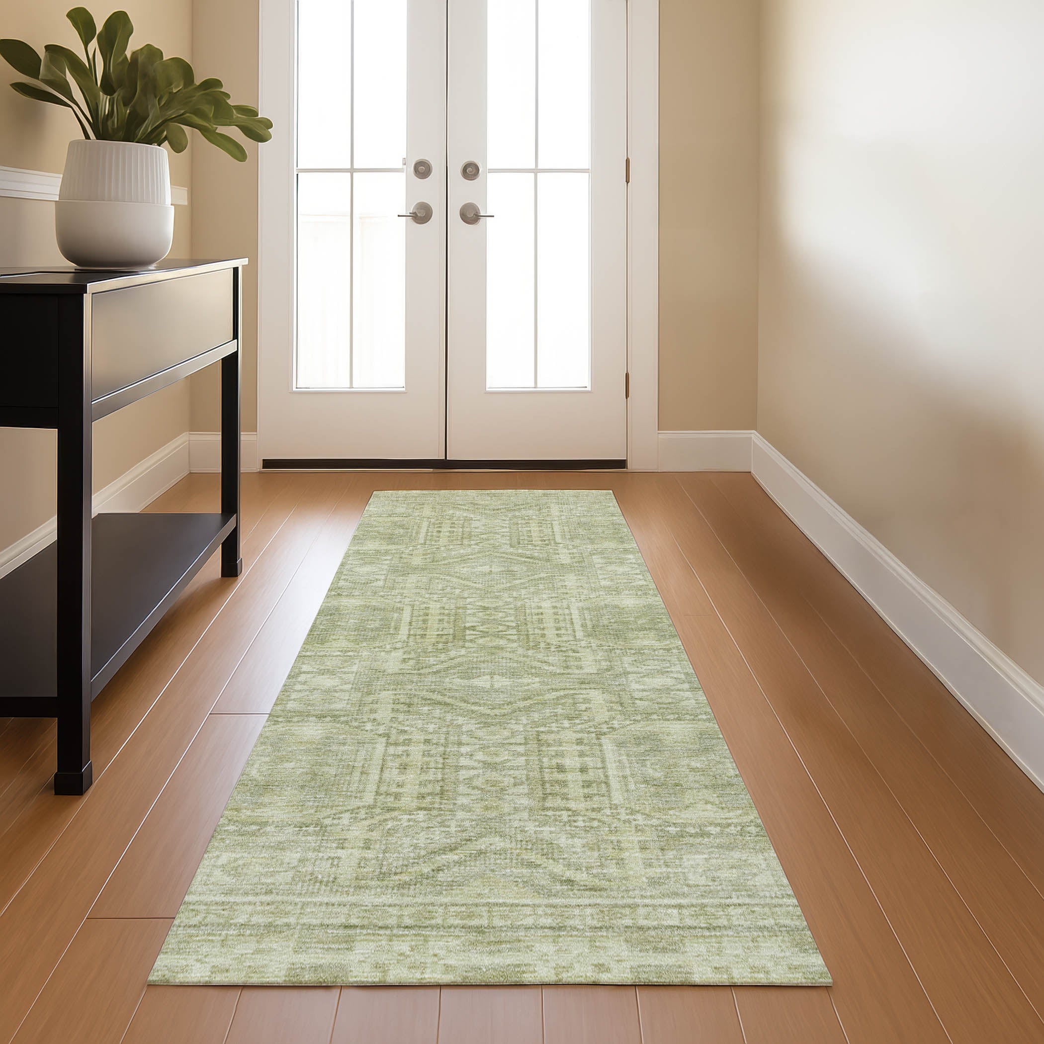 Porto Machine Washable Transitional Sage Green Rug 2'3" x 7'6" #shape_Runner
