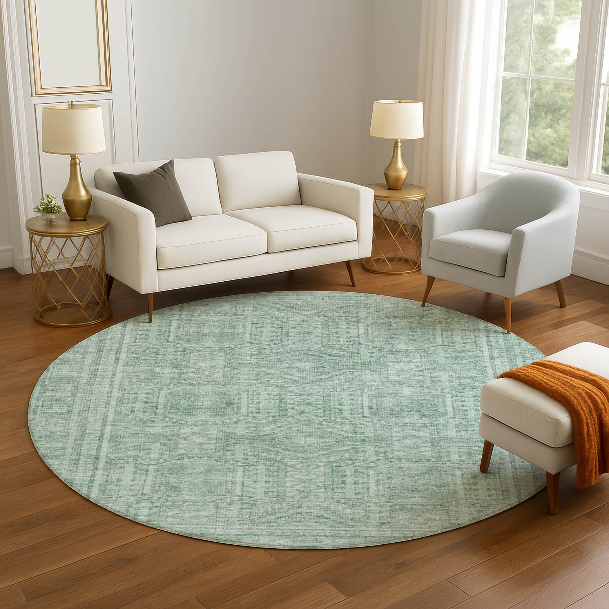 Porto Machine Washable Transitional Teal Rug 8' x 8' #shape_Round