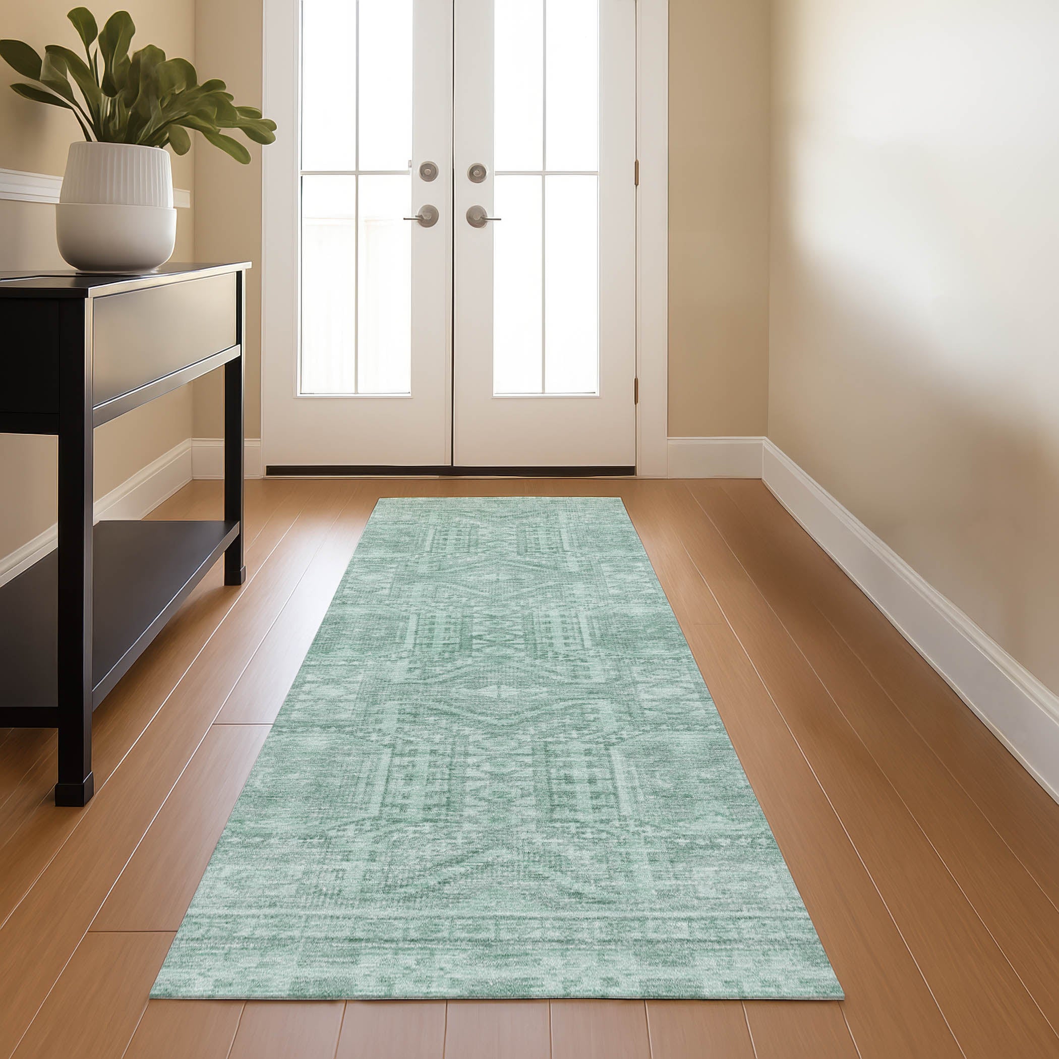 Porto Machine Washable Transitional Teal Rug 2'3" x 7'6" #shape_Runner