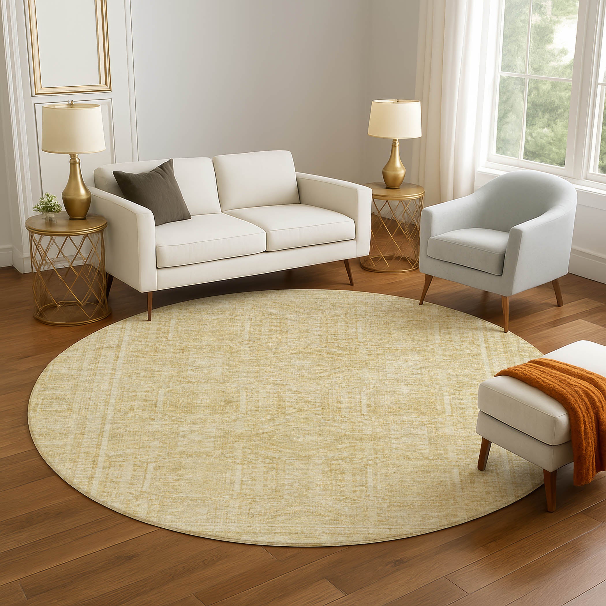 Porto Machine Washable Transitional Wheat Gold Rug 8' x 8' #shape_Round