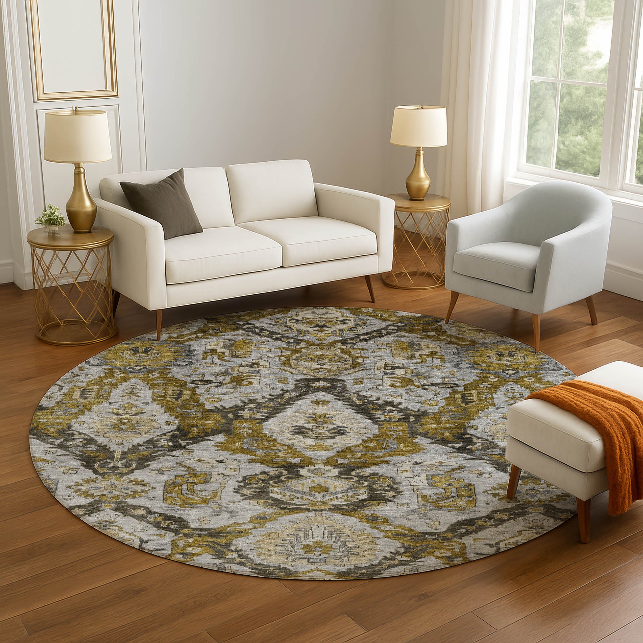 Istanbul Machine Washable Transitional Brown Rug 8' x 8' #shape_Round