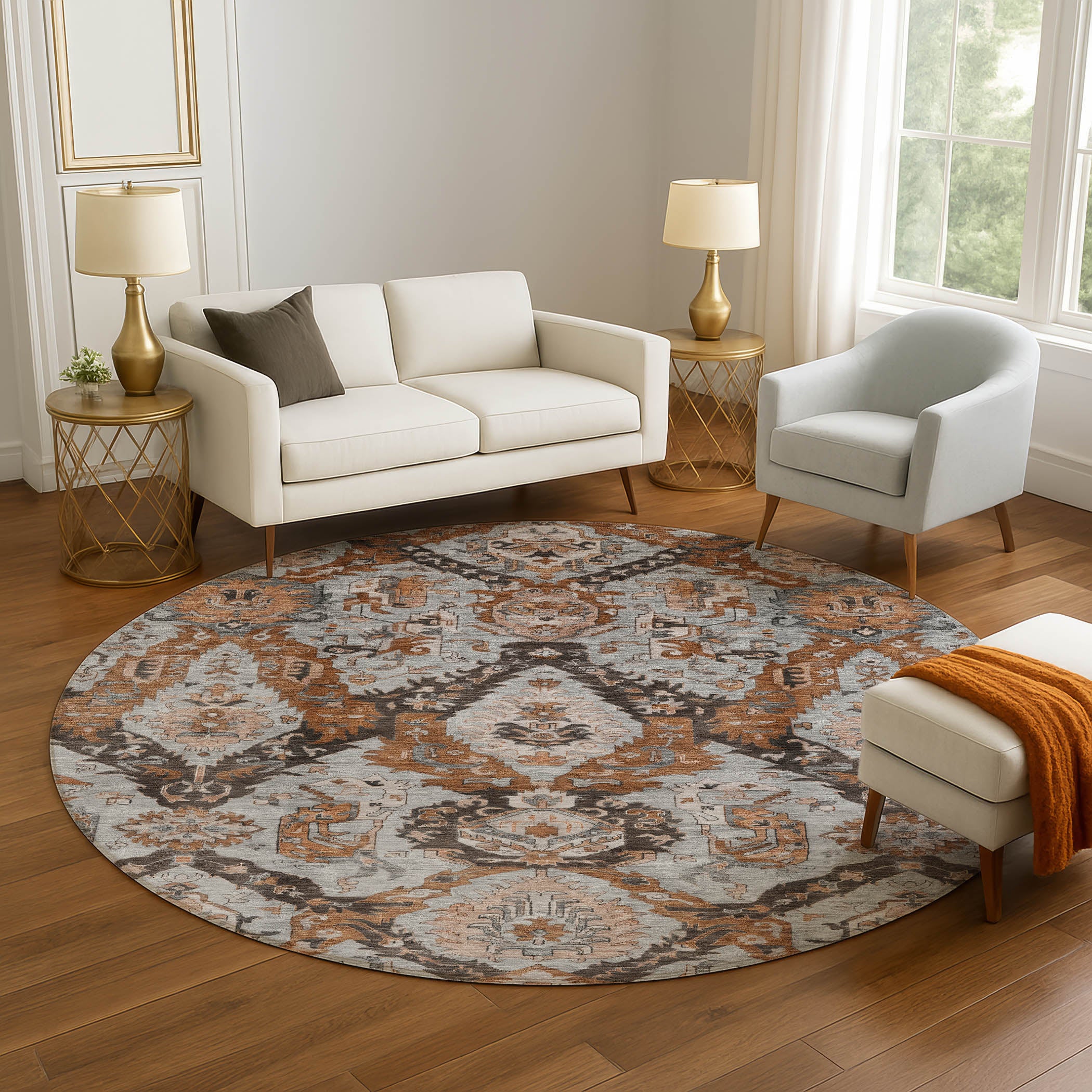 Istanbul Machine Washable Transitional Paprika Orange Rug 8' x 8' #shape_Round
