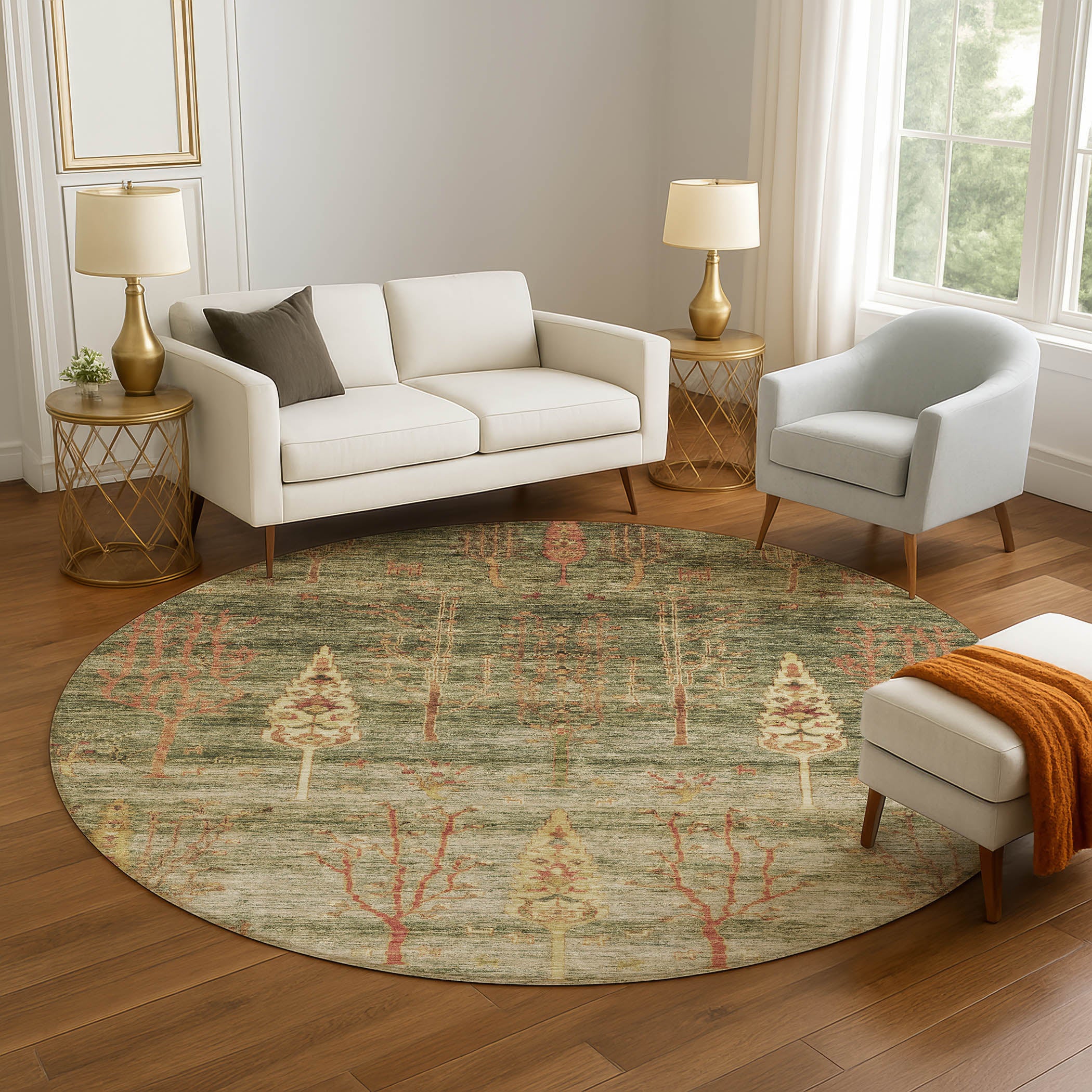 Antigua Machine Washable Transitional Aloe Green Rug 8' x 8' #shape_Round