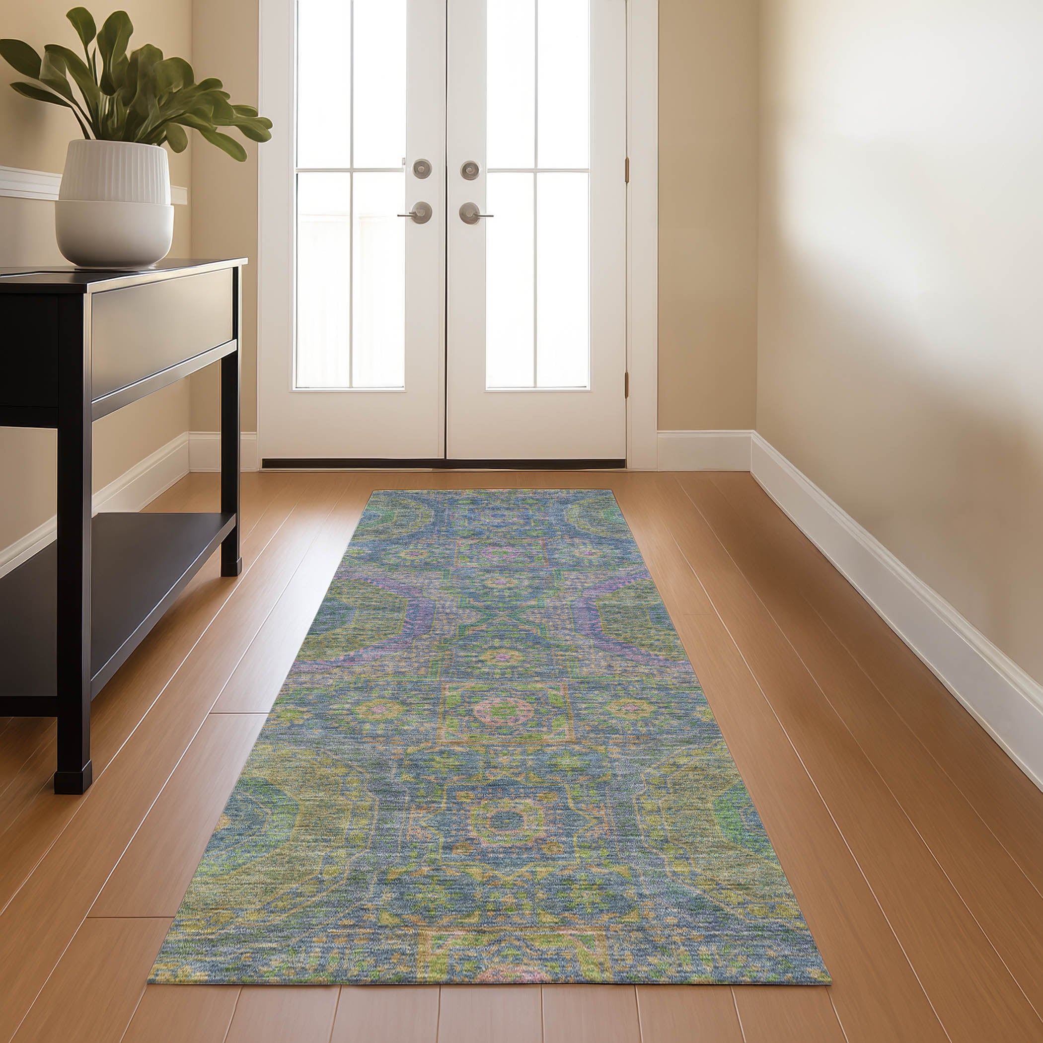 Hoi An Machine Washable Transitional Blue Rug 2'3" x 7'6" #shape_Runner