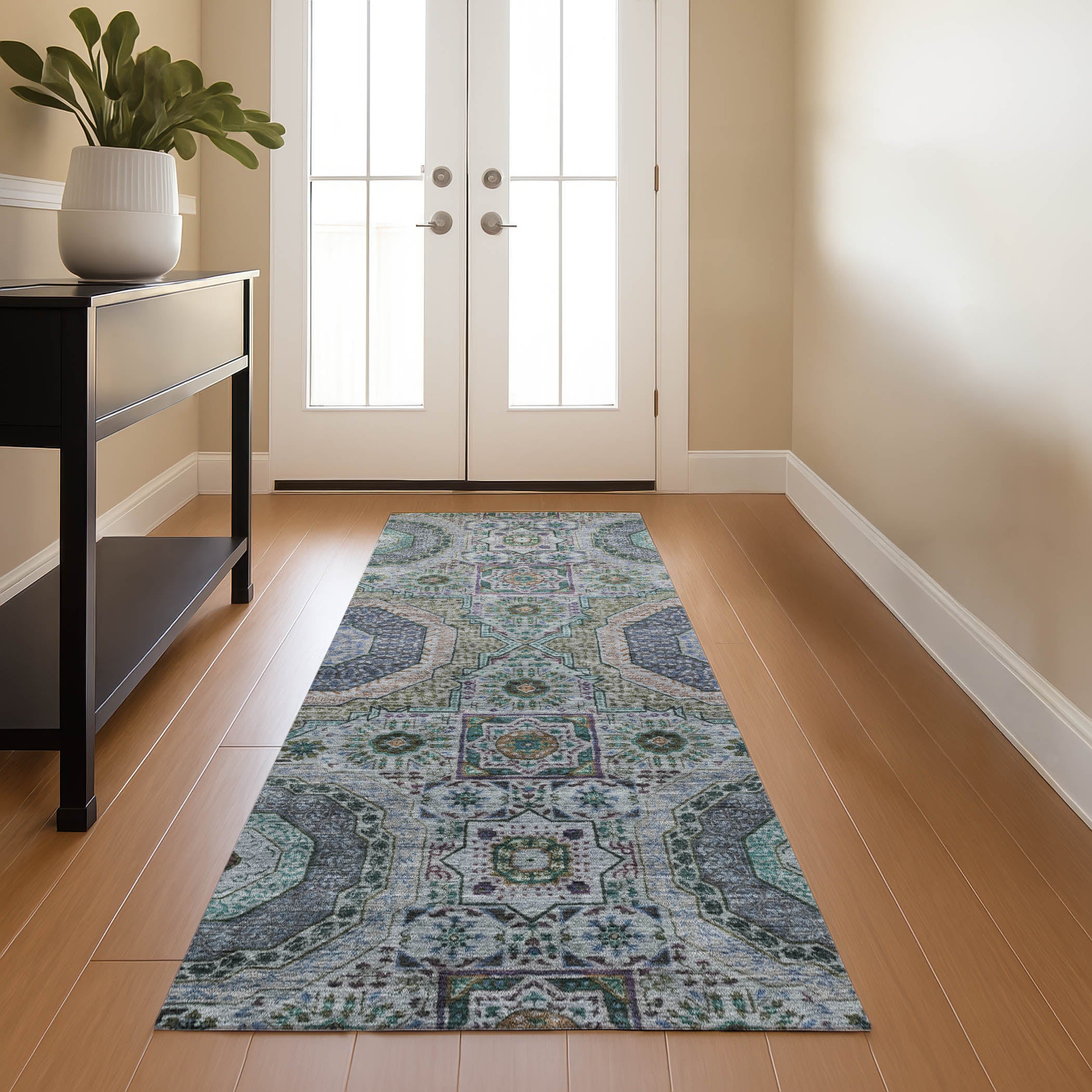 Hoi An Machine Washable Transitional Green Rug 2'3" x 7'6" #shape_Runner