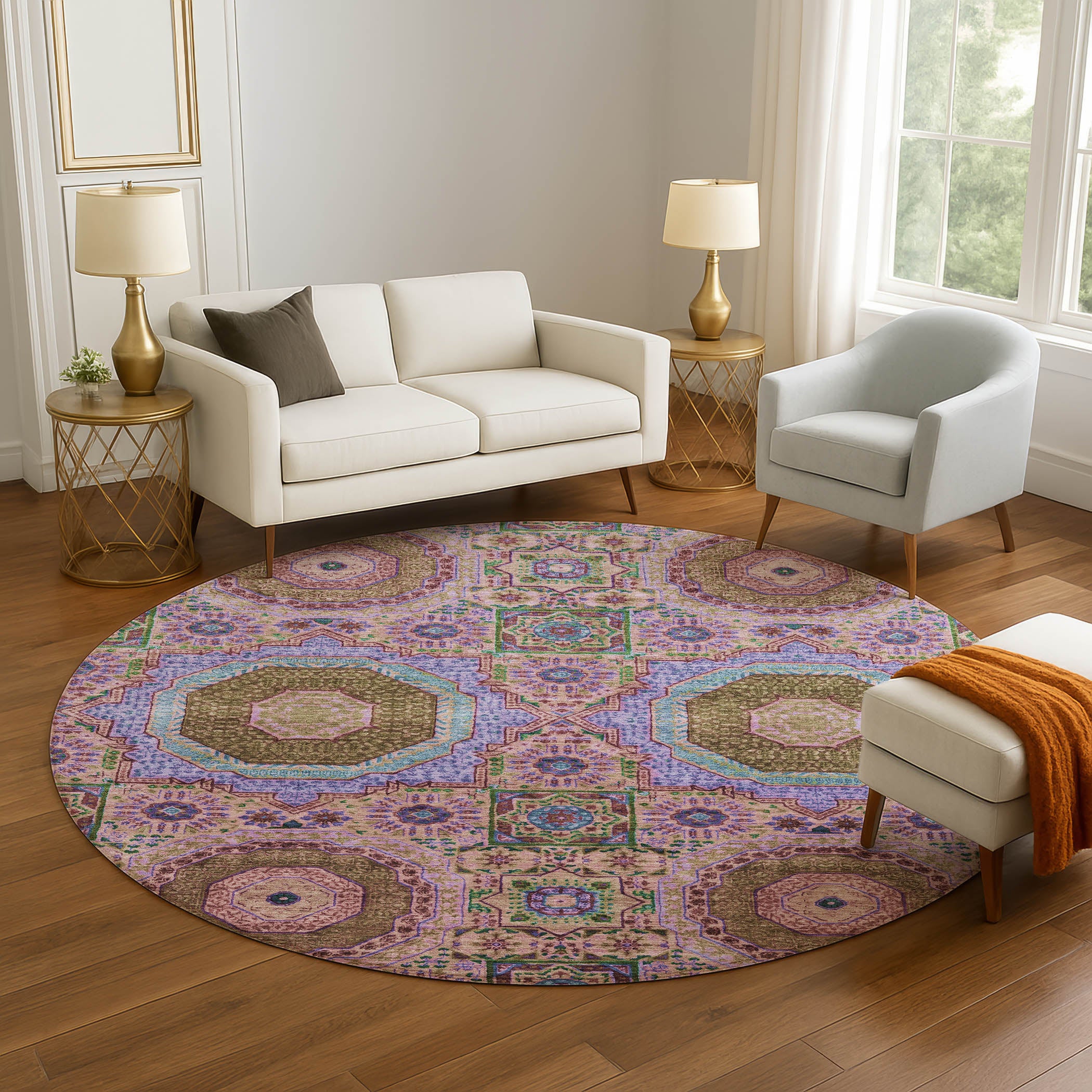 Hoi An Machine Washable Transitional Pink Rug 8' x 8' #shape_Round