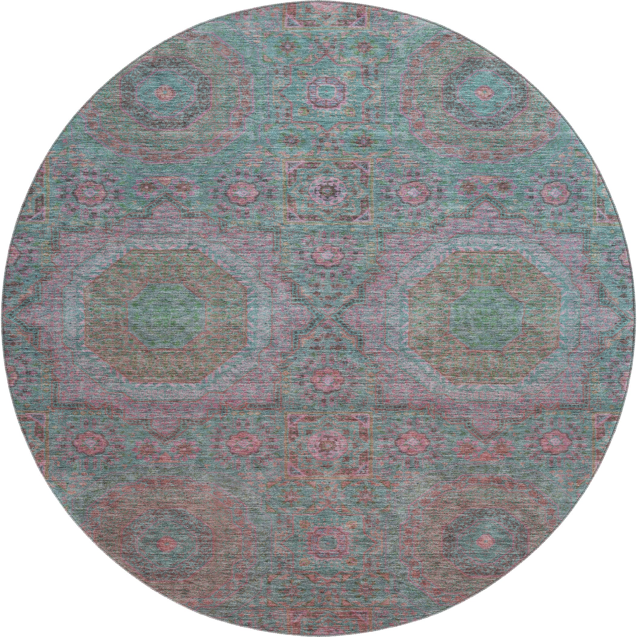 Hoi An Machine Washable Transitional Teal Rug 8' x 8' #shape_Round