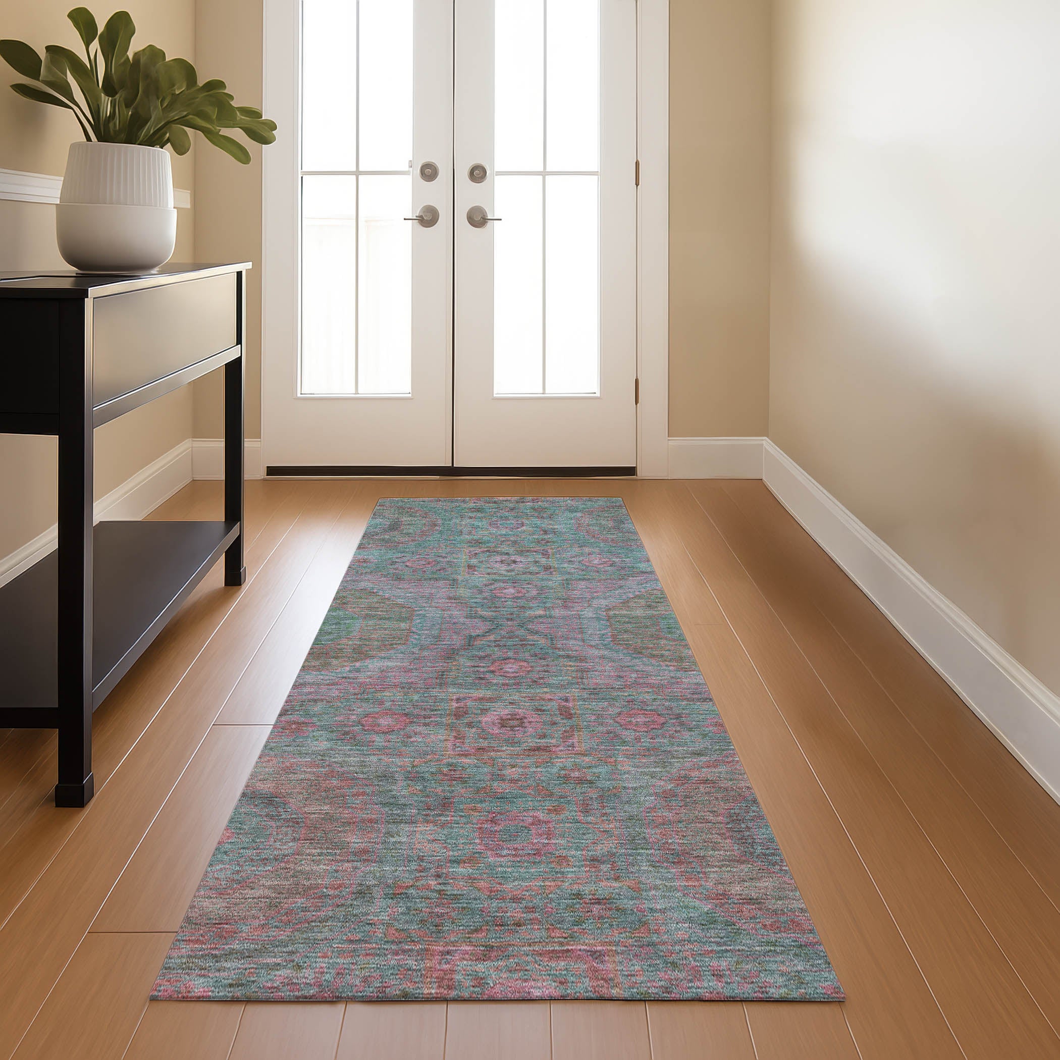 Hoi An Machine Washable Transitional Teal Rug 2'3" x 7'6" #shape_Runner