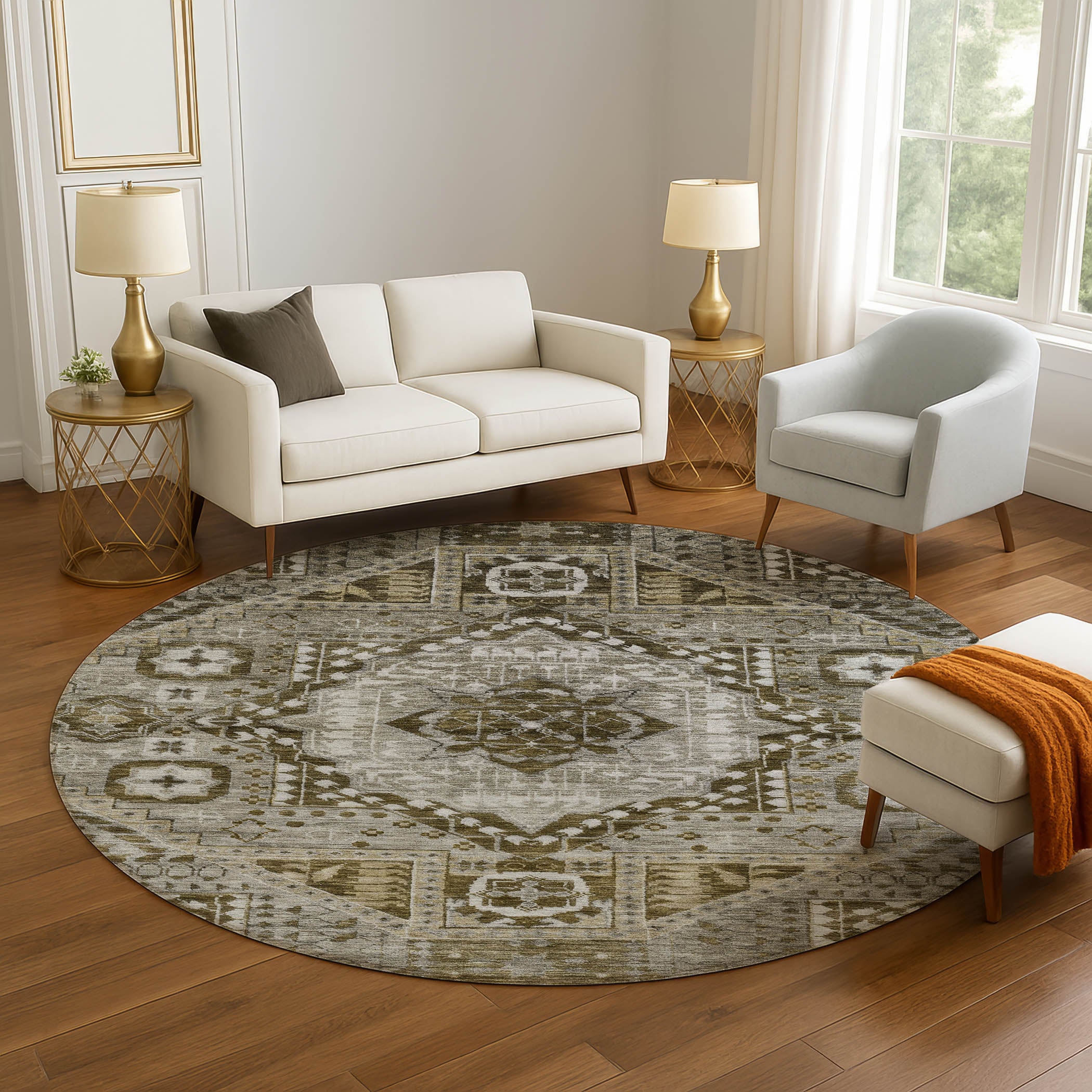 Sintra Machine Washable Transitional Khaki Brown Rug 8' x 8' #shape_Round