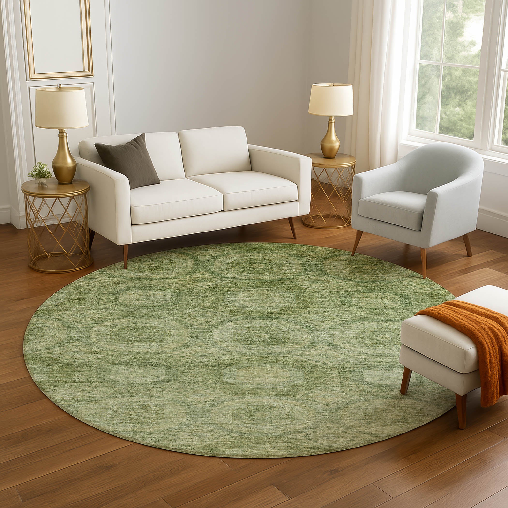 Sarajevo Machine Washable Transitional Aloe Green Rug 8' x 8' #shape_Round