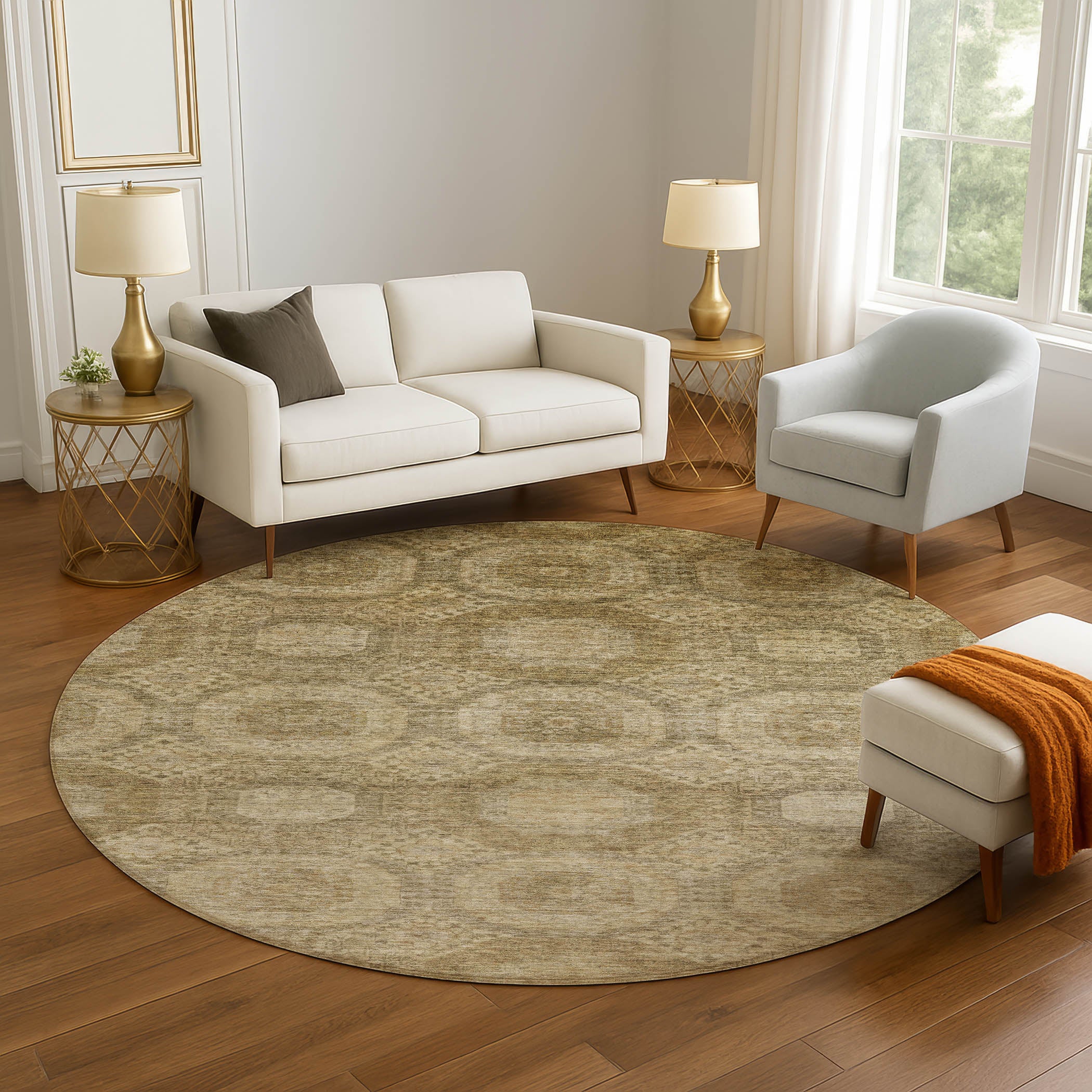 Sarajevo Machine Washable Transitional Brown Rug 8' x 8' #shape_Round
