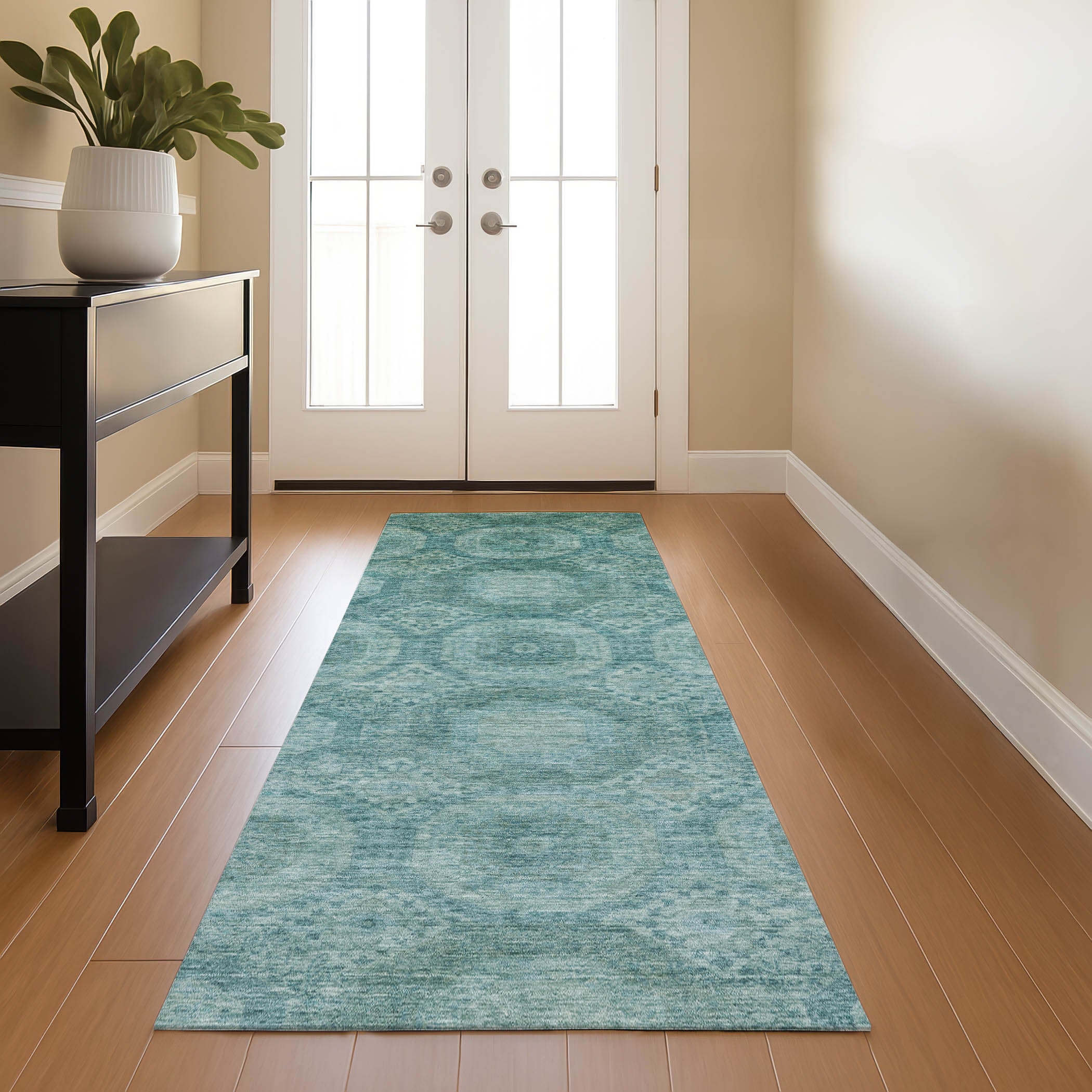 Sarajevo Machine Washable Transitional Teal Rug 2'3" x 7'6" #shape_Runner