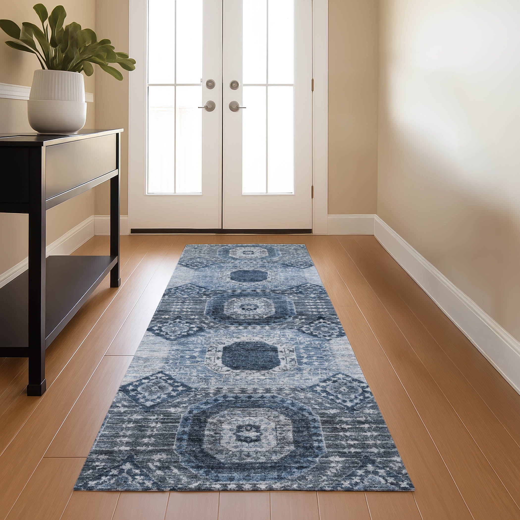 Vienna Machine Washable Transitional Blue Rug 2'3" x 7'6" #shape_Runner