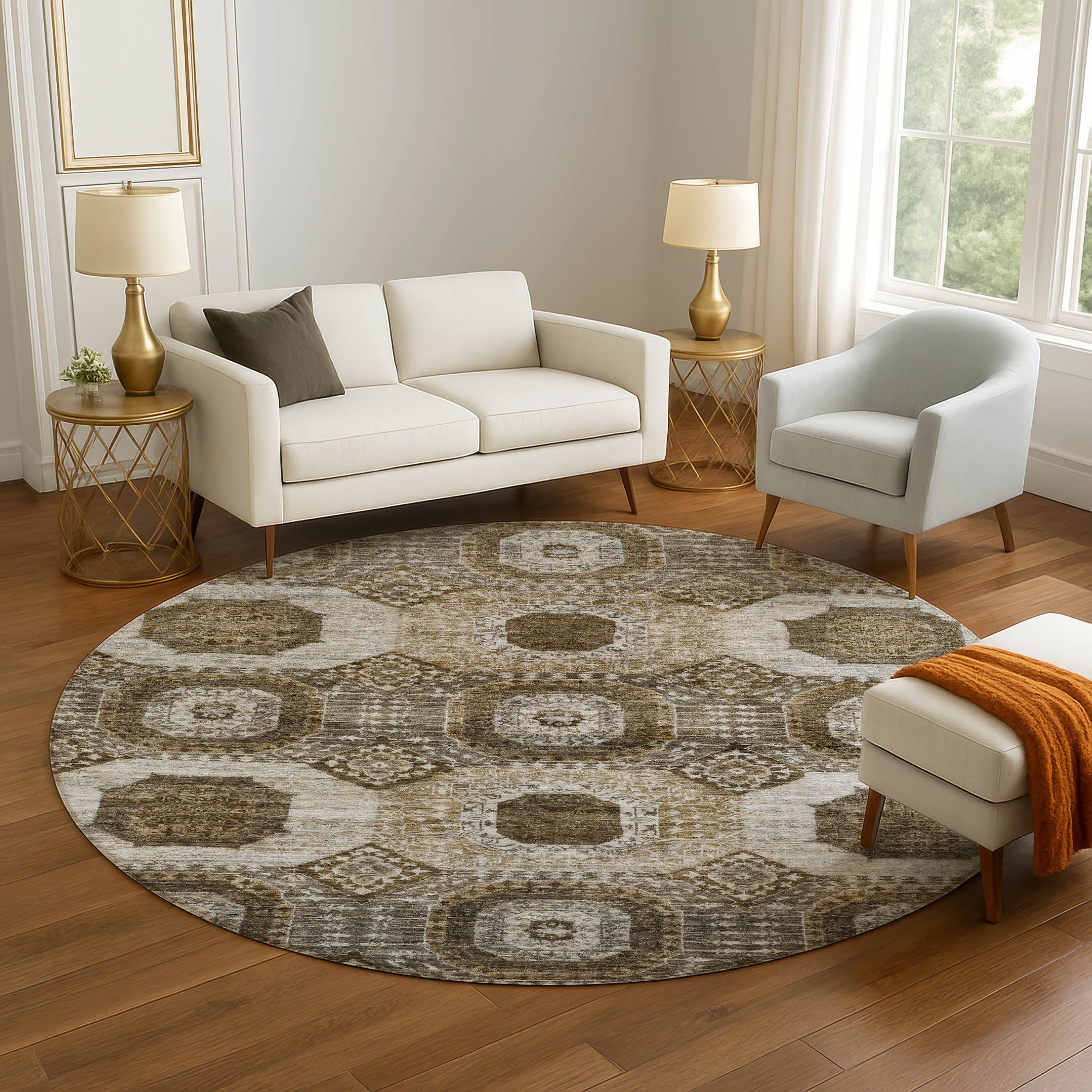 Vienna Machine Washable Transitional Brown Rug 8' x 8' #shape_Round
