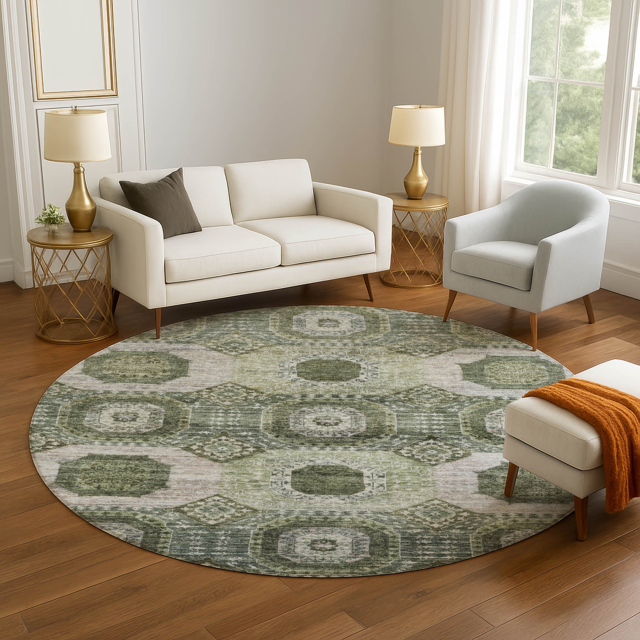 Vienna Machine Washable Transitional Olive Green Rug 8' x 8' #shape_Round