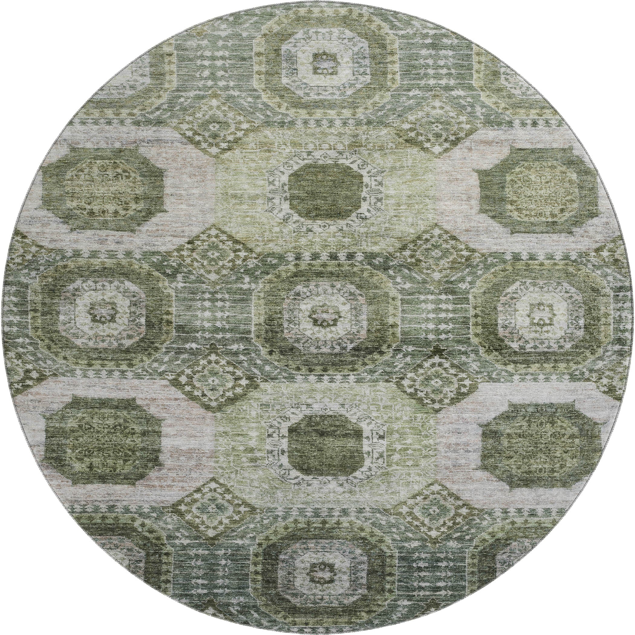 Vienna Machine Washable Transitional Olive Green Rug 8' x 8' #shape_Round