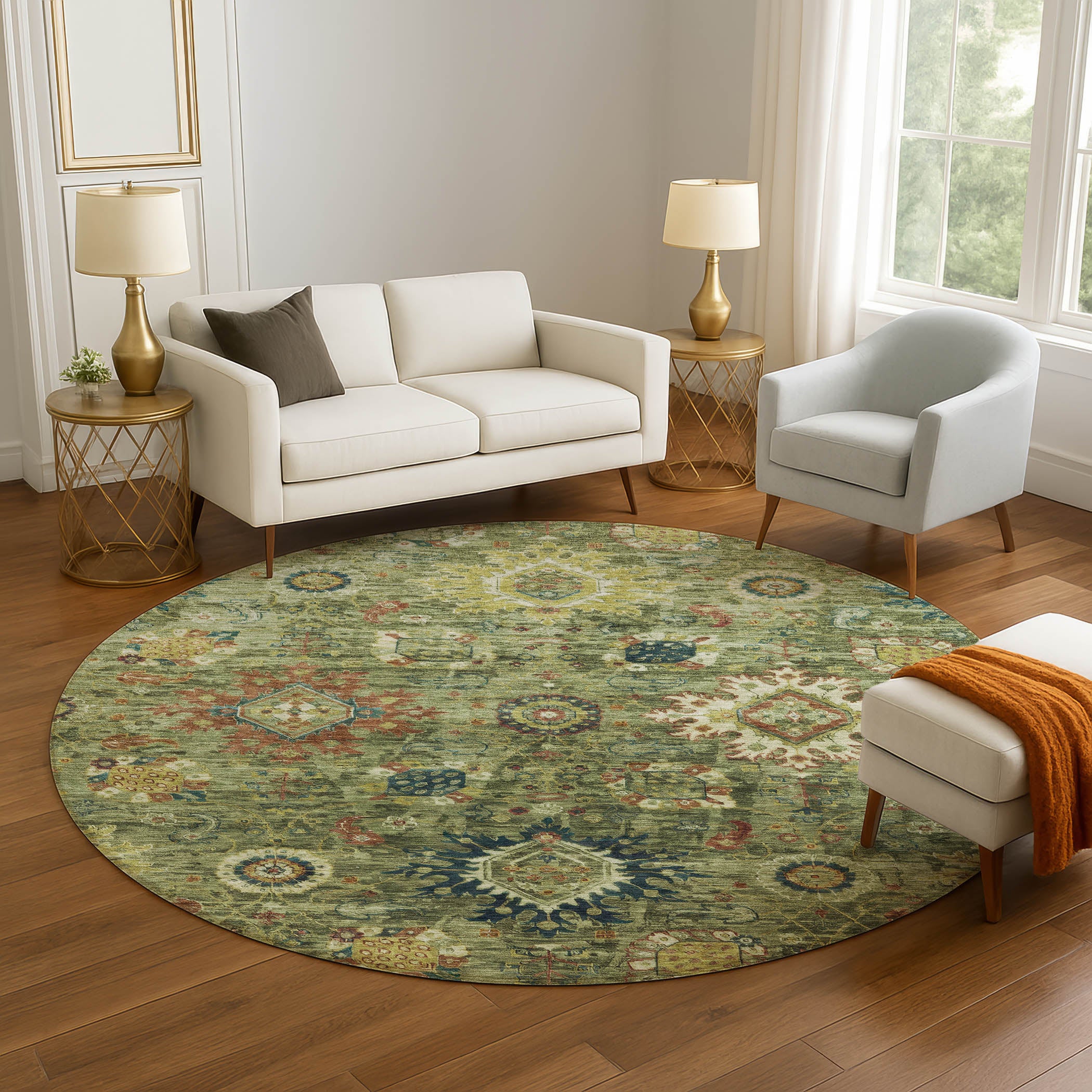 Rome Machine Washable Traditional Aloe Green Rug 8' x 8' #shape_Round