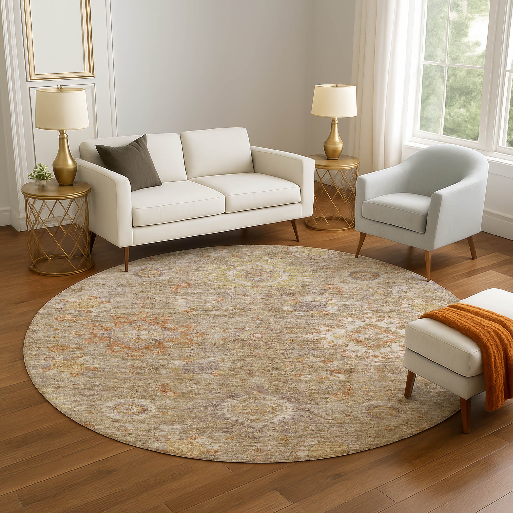Rome Machine Washable Traditional Beige Brown Rug 8' x 8' #shape_Round