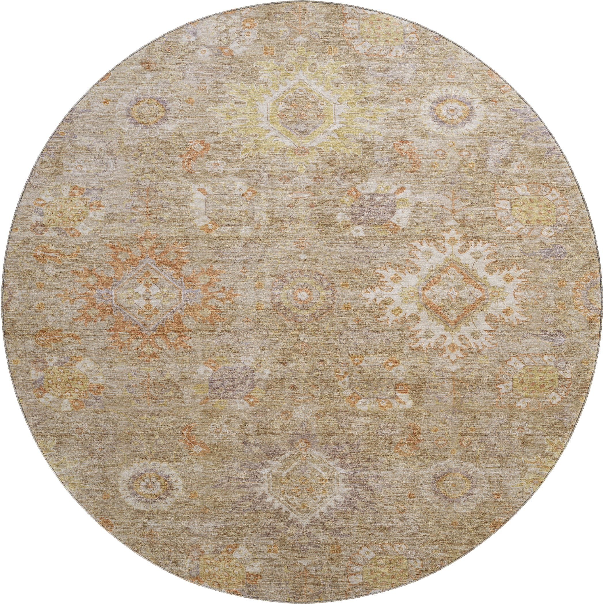 Rome Machine Washable Traditional Beige Brown Rug 8' x 8' #shape_Round