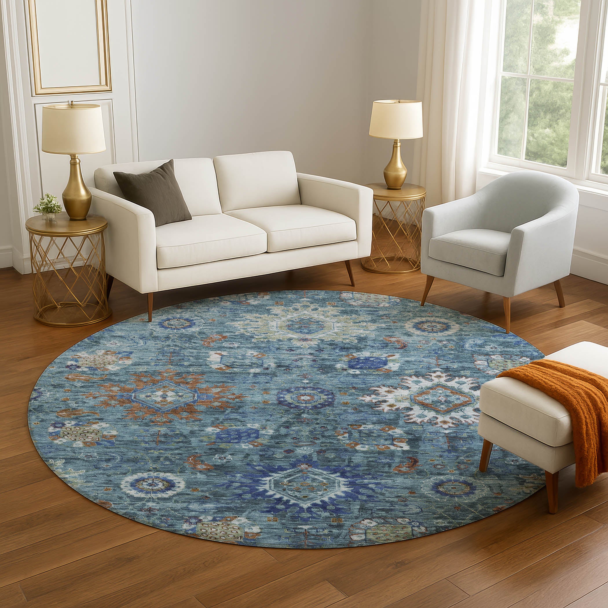 Rome Machine Washable Traditional Blue Rug 8' x 8' #shape_Round