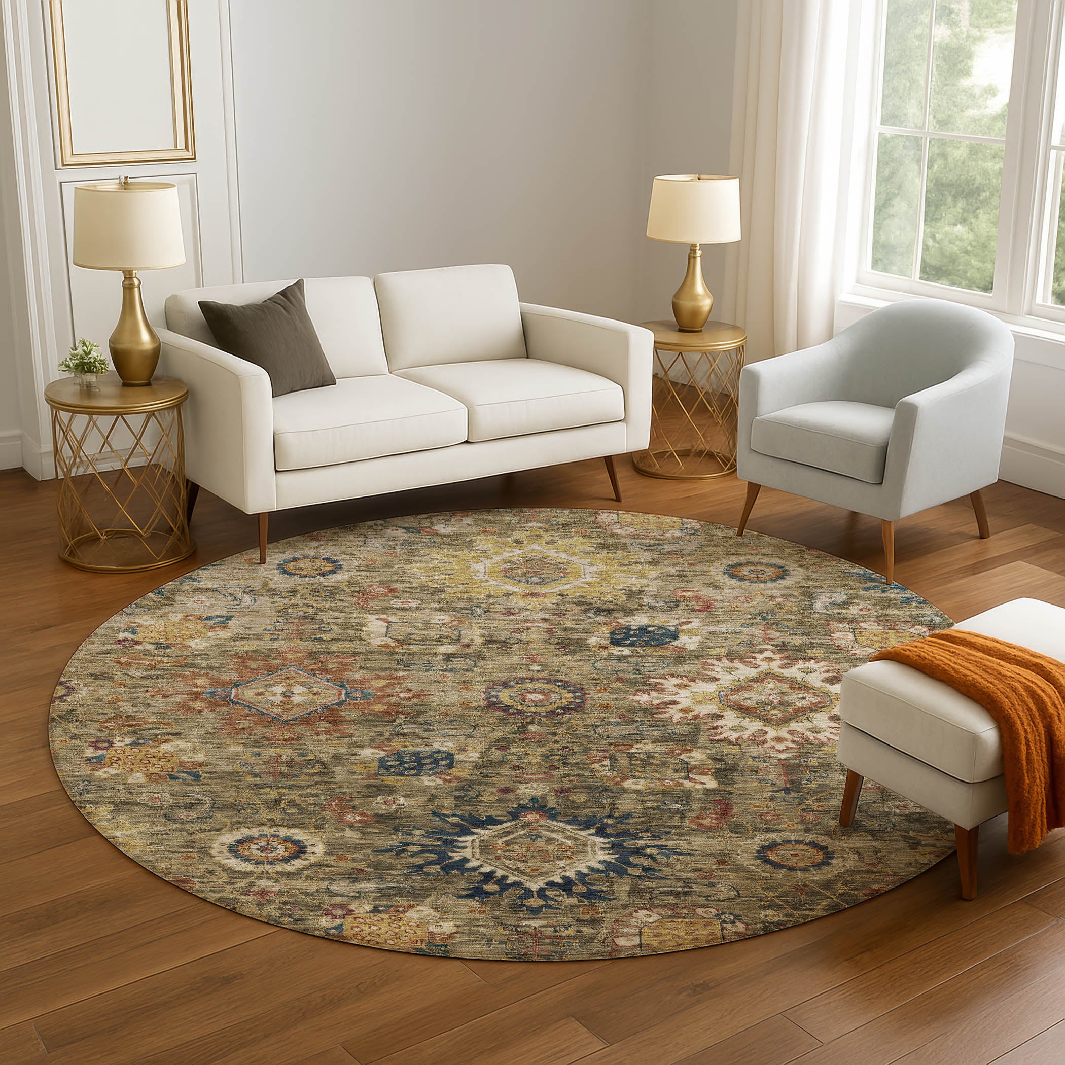 Rome Machine Washable Traditional Brown Rug 8' x 8' #shape_Round