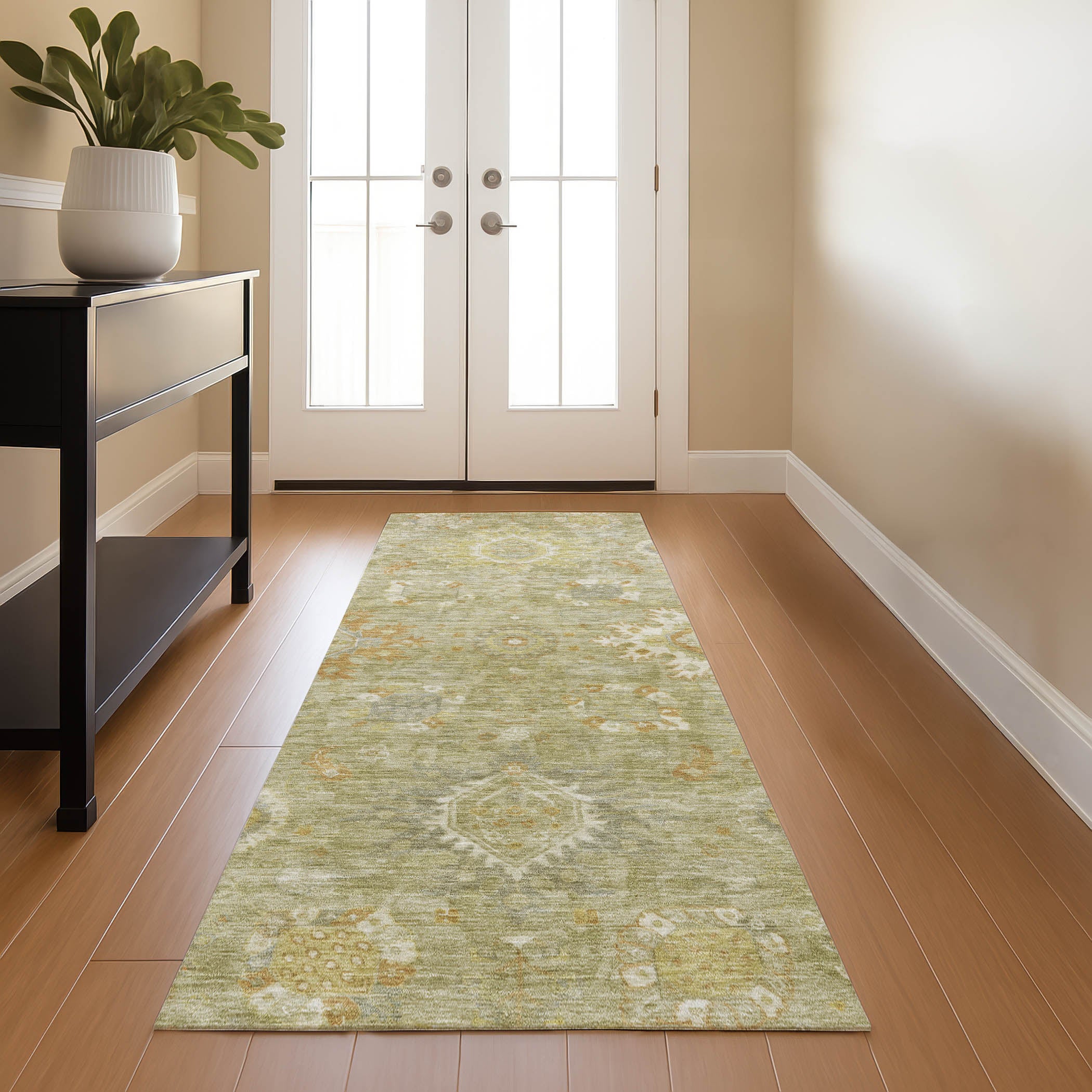 Rome Machine Washable Traditional Sage Green Rug 2'3" x 7'6" #shape_Runner