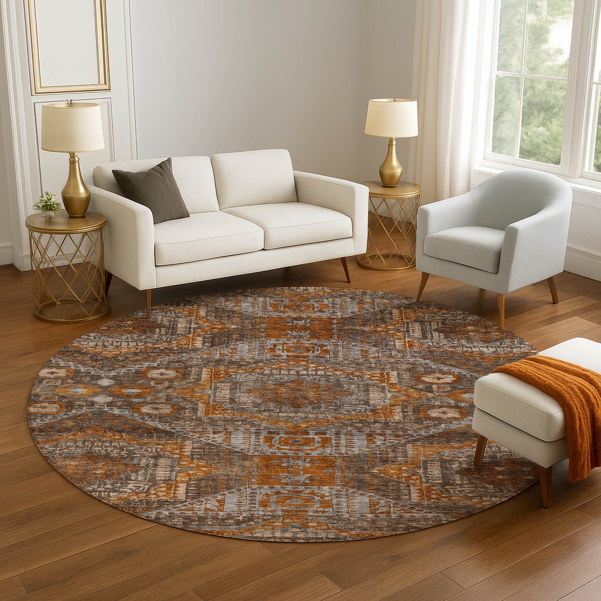 Luang Prabang Machine Washable Traditional Copper Orange Rug 8' x 8' #shape_Round