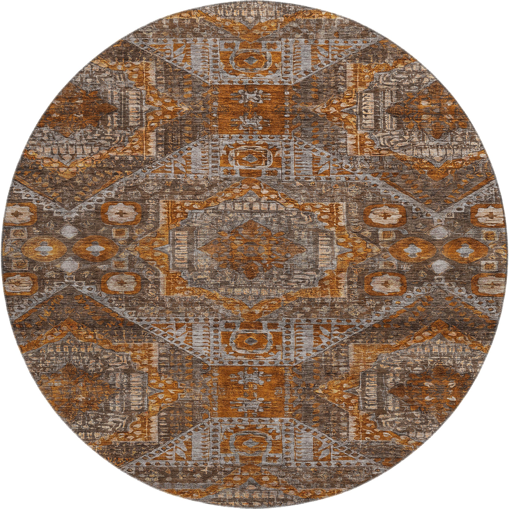 Luang Prabang Machine Washable Traditional Copper Orange Rug 8' x 8' #shape_Round