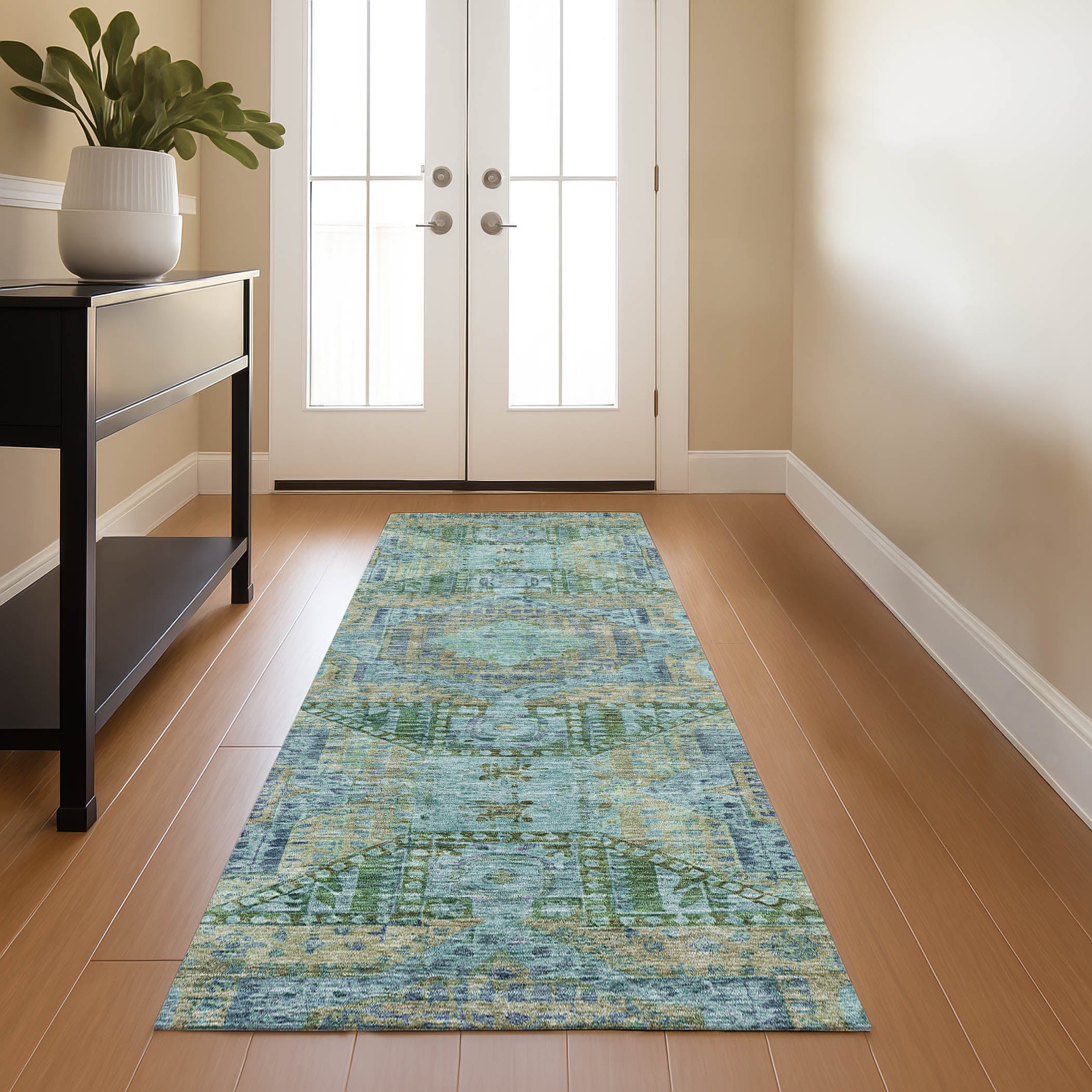 Oaxaca Machine Washable Traditional Green Rug 2'3" x 7'6" #shape_Runner